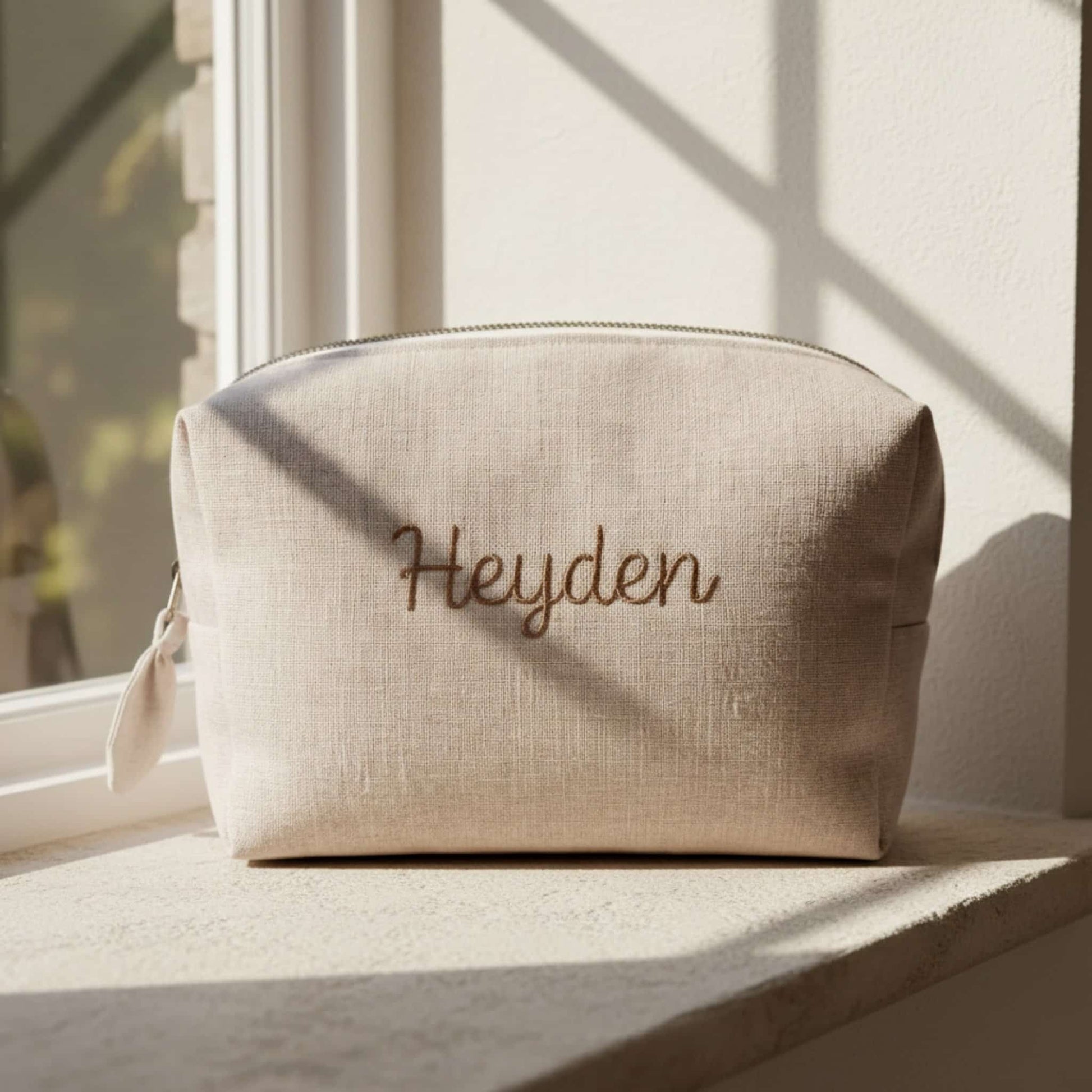 Linen Toiletry Bag, Embroidered Makeup Pouch