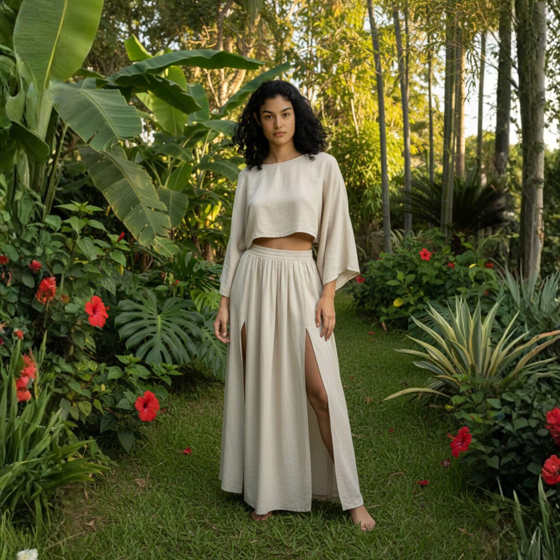 Linen Two Piece Set, Boat Neck Linen Crop Top And Split Maxi Skirt Set