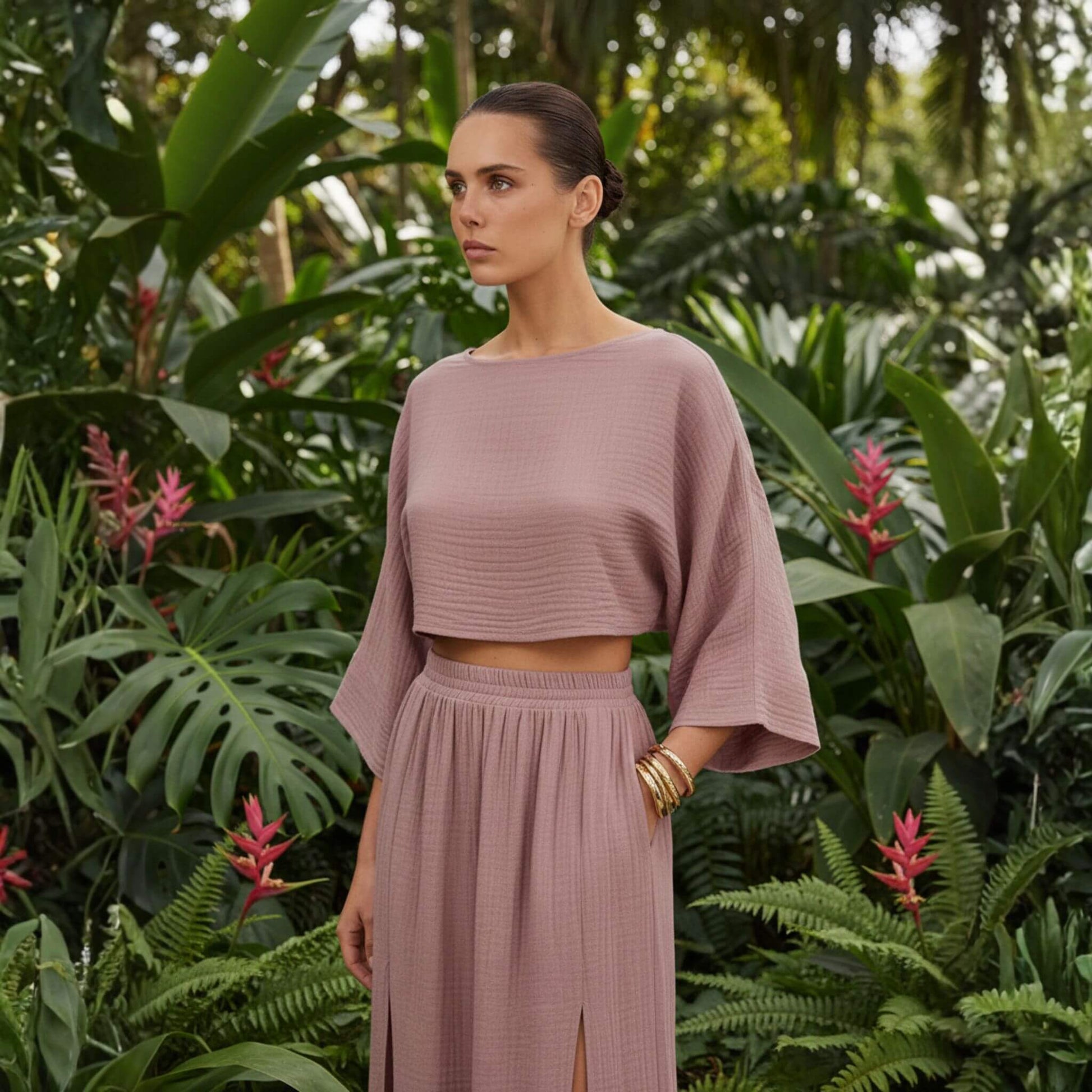 Linen Two Piece Set, Boat Neck Linen Crop Top And Split Maxi Skirt Set