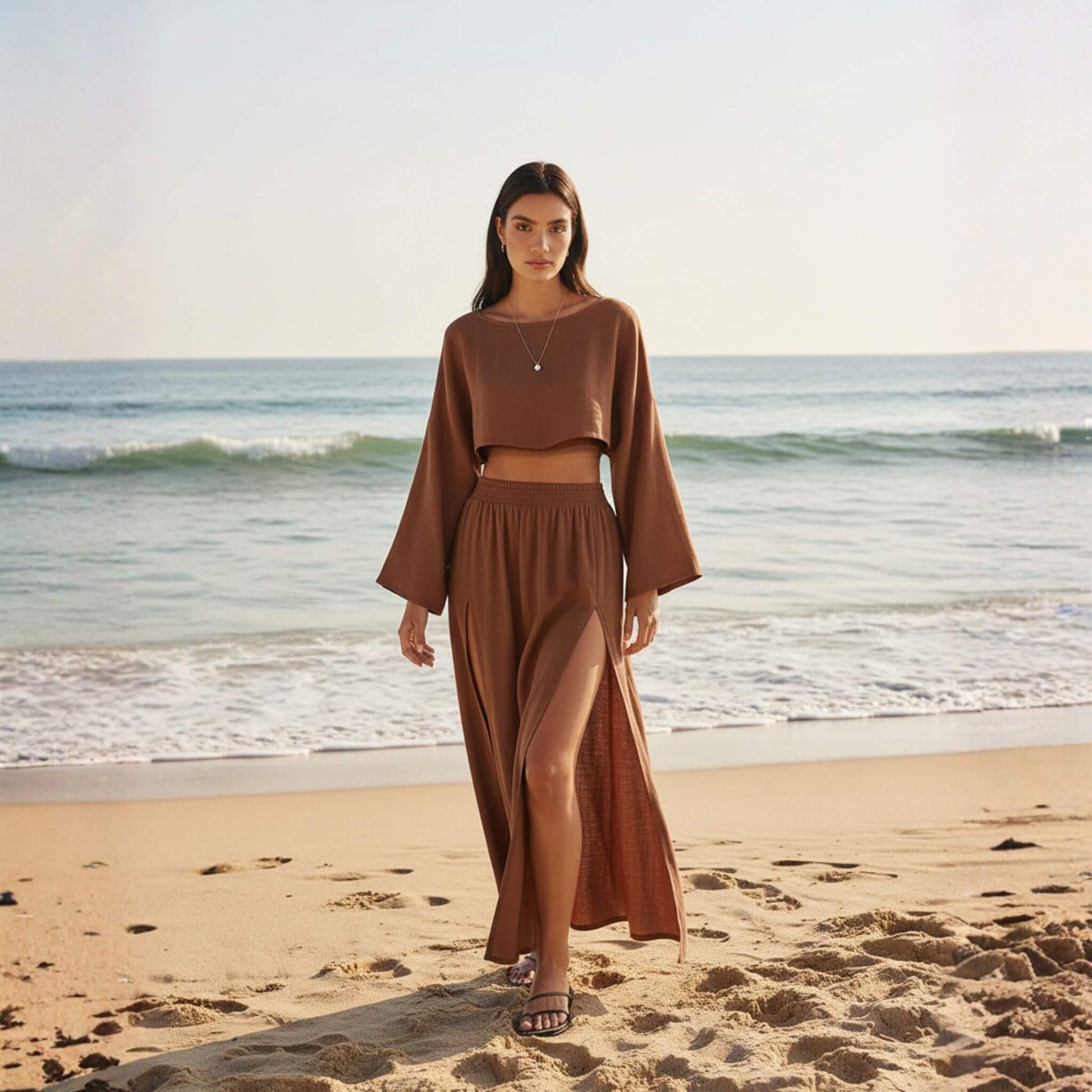 Linen Two Piece Set, Boat Neck Linen Crop Top And Split Maxi Skirt Set