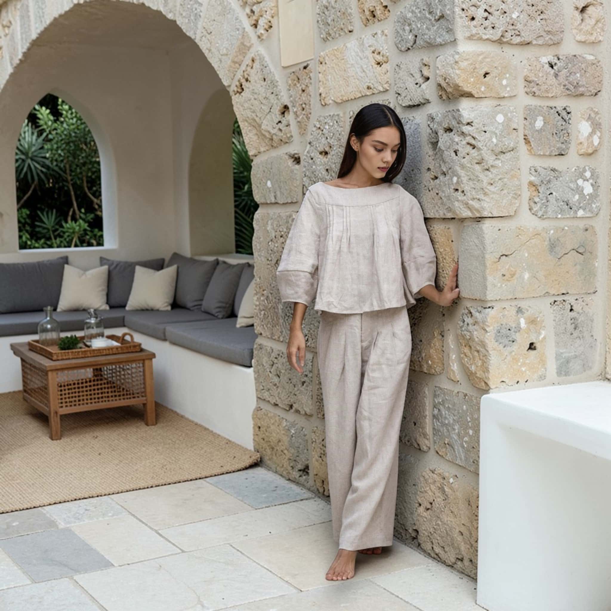 Linen Two Piece Set, Boat Neck Linen Top And Wide Leg Pants Set