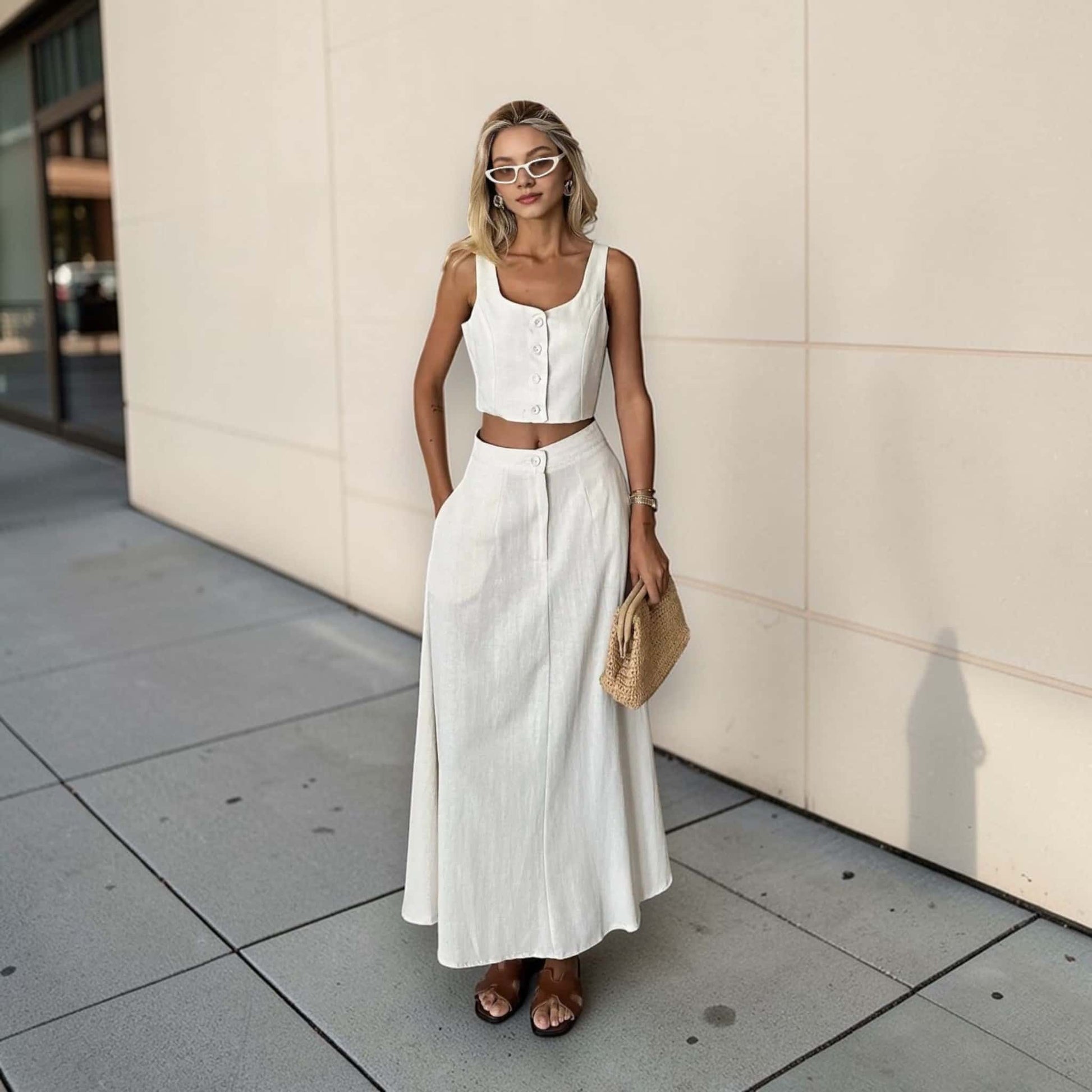 Linen Two Piece Set, Button Front Linen Crop Top And Maxi Skirt Set