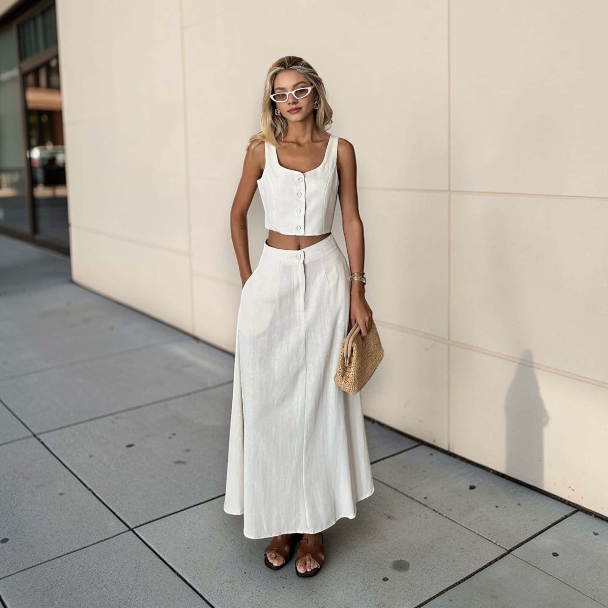 Linen Two Piece Set, Button Front Linen Crop Top And Maxi Skirt Set