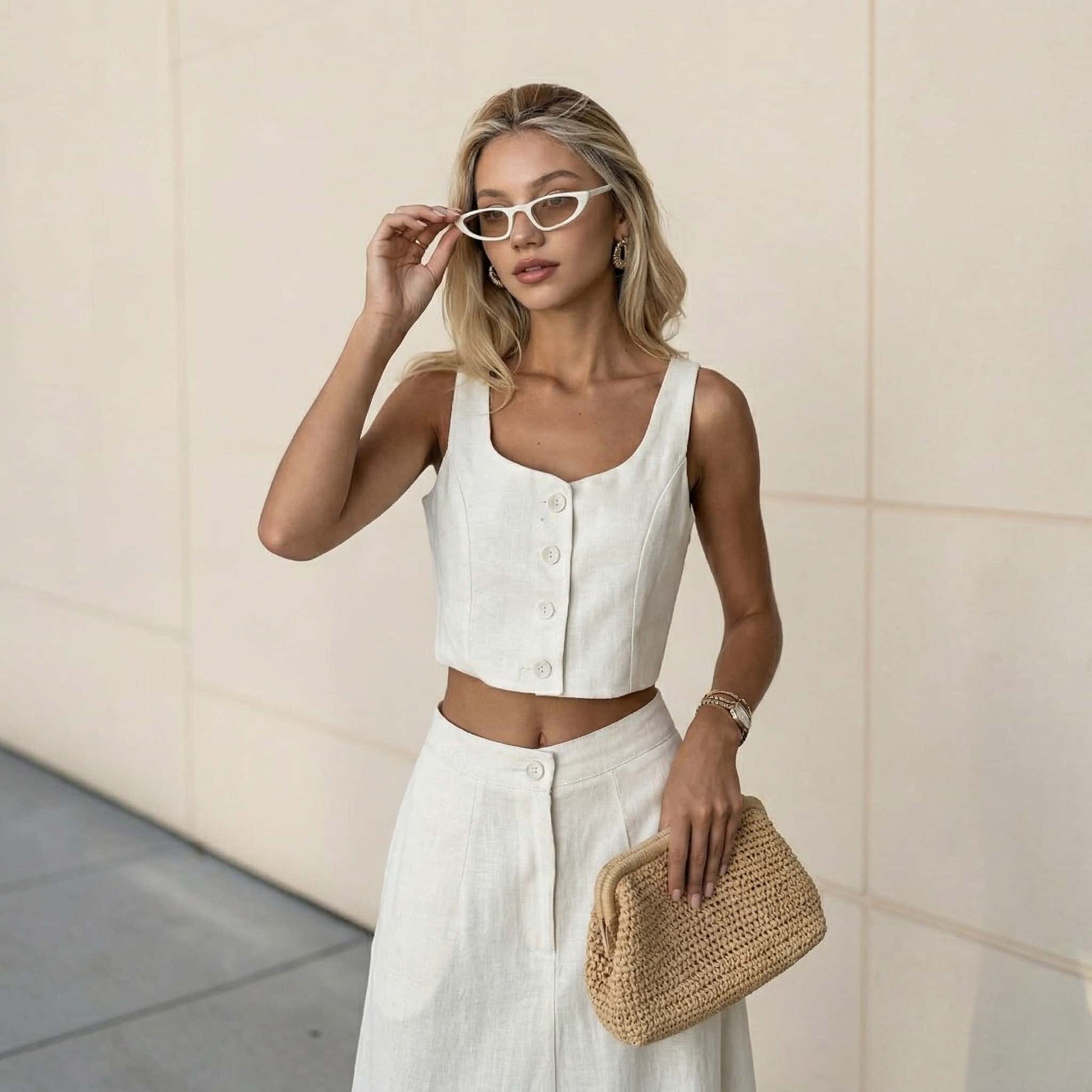 Linen Two Piece Set, Button Front Linen Crop Top And Maxi Skirt Set