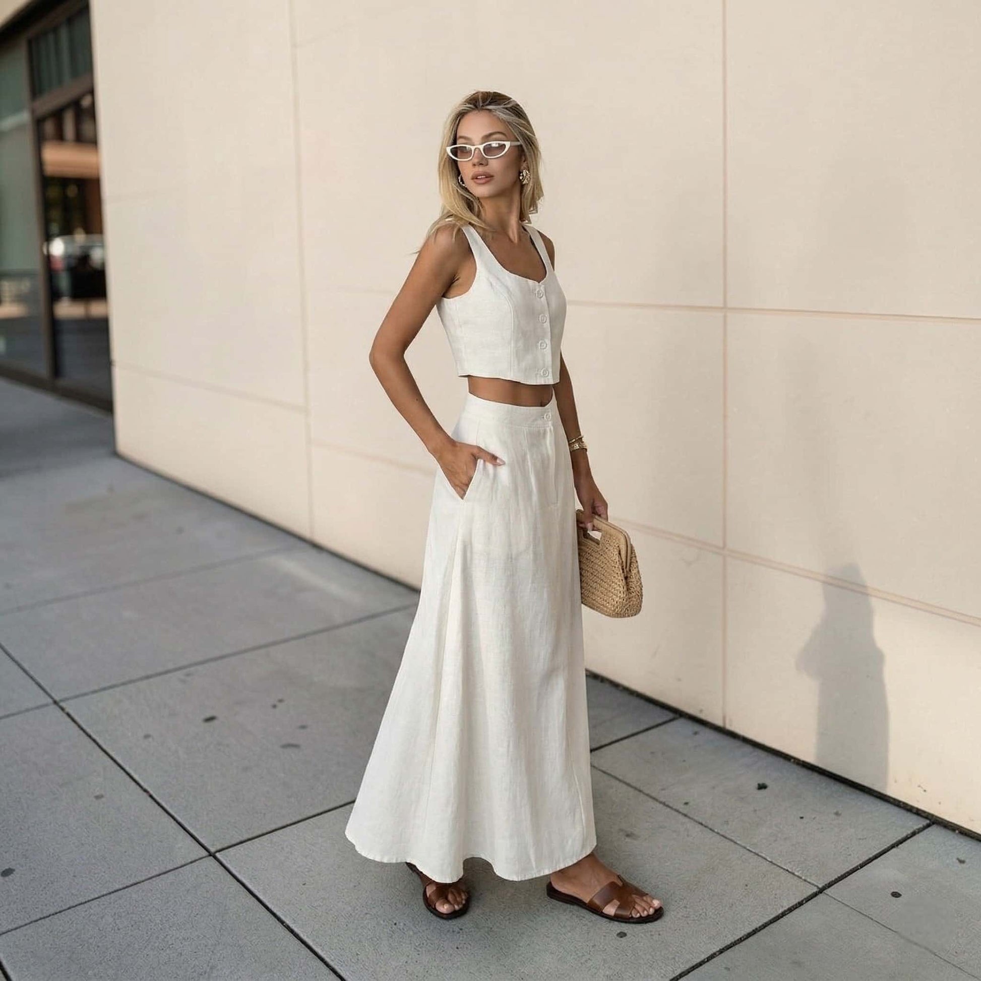 Linen Two Piece Set, Button Front Linen Crop Top And Maxi Skirt Set