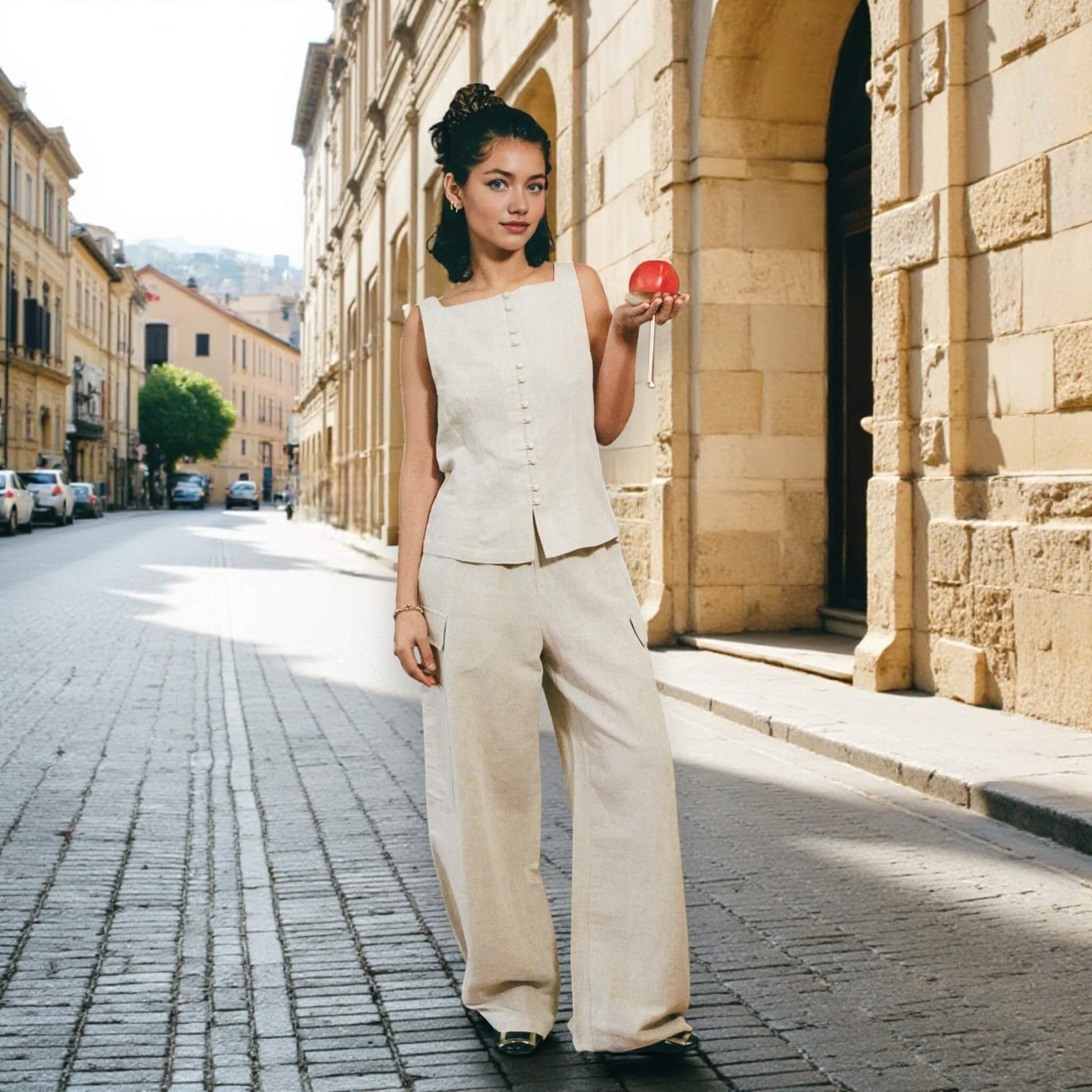 Linen Two Piece Set, Button Front Tank Top And Cargo Trousers Set