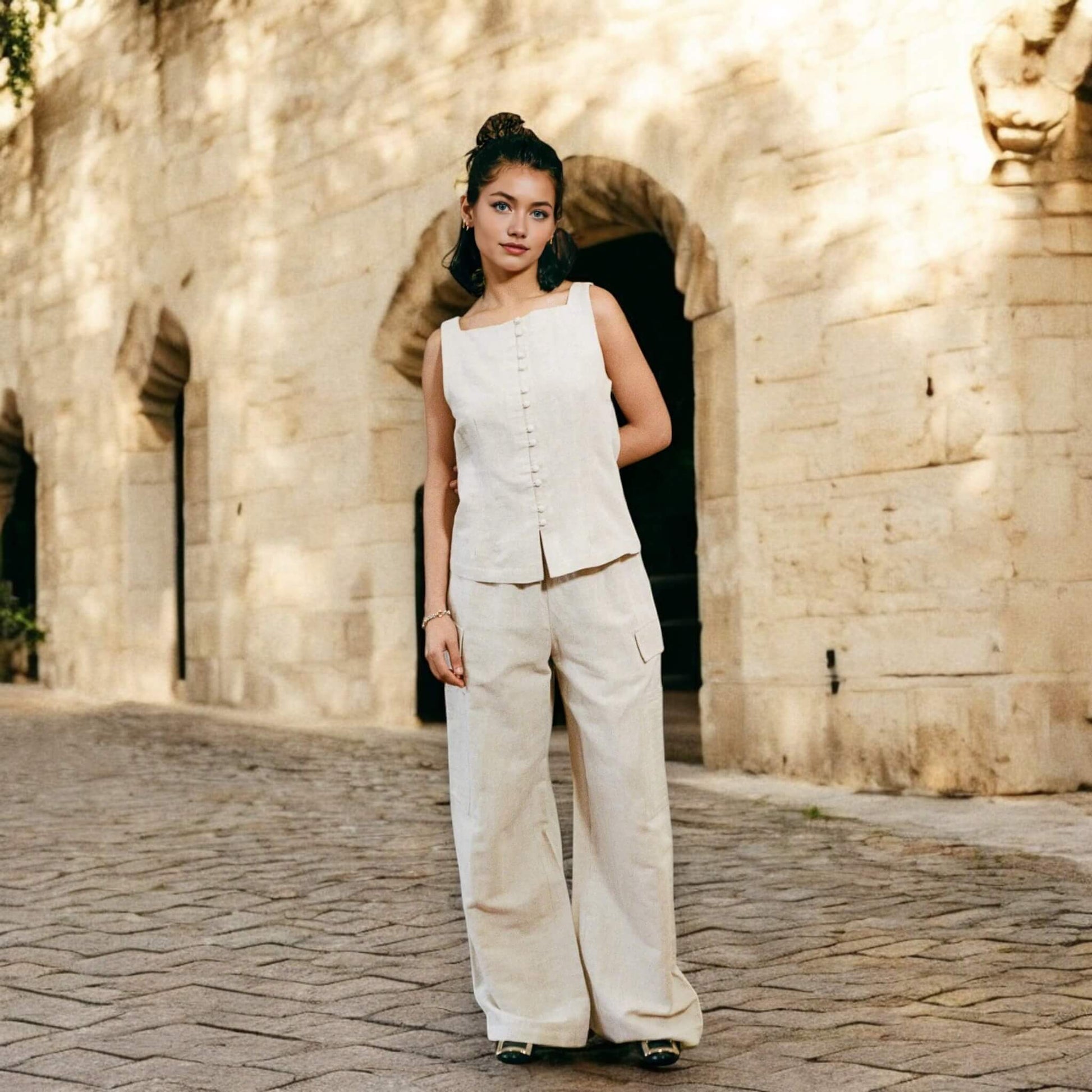 Linen Two Piece Set, Button Front Tank Top And Cargo Trousers Set