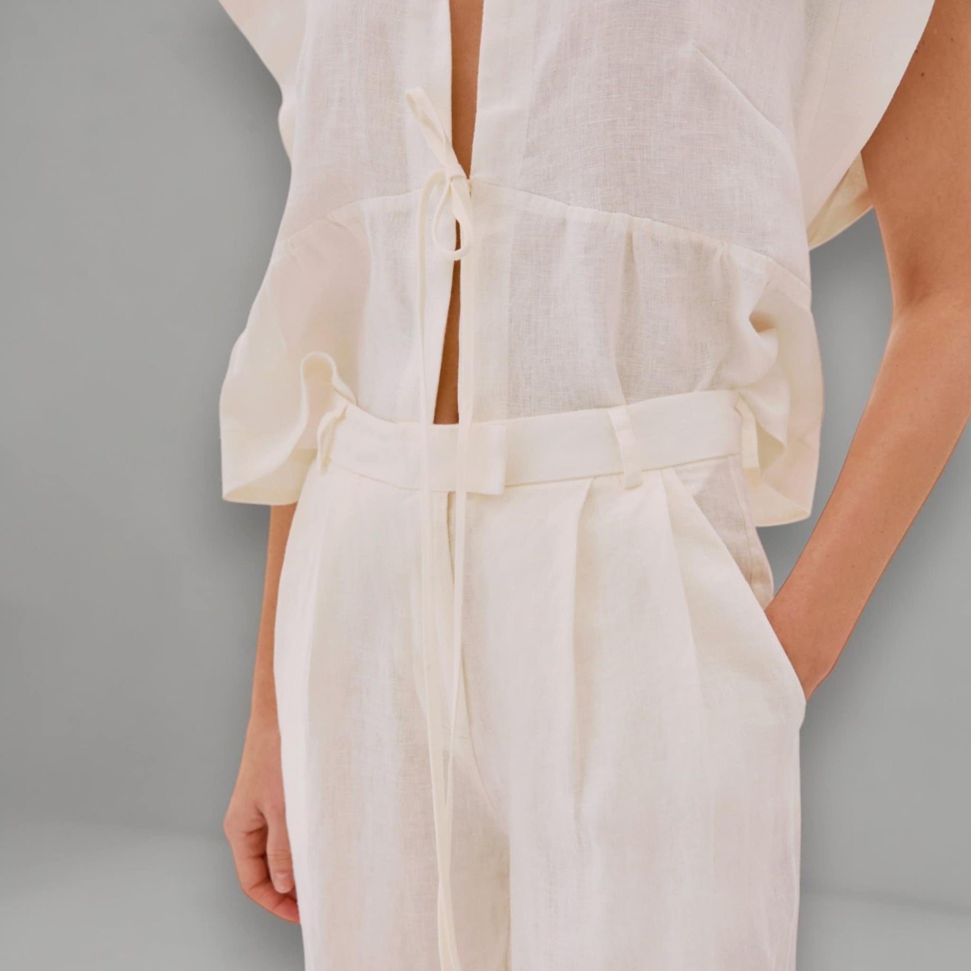 Linen Two Piece Set, Cap Sleeve Linen Shirt And Wide Leg Pants Set