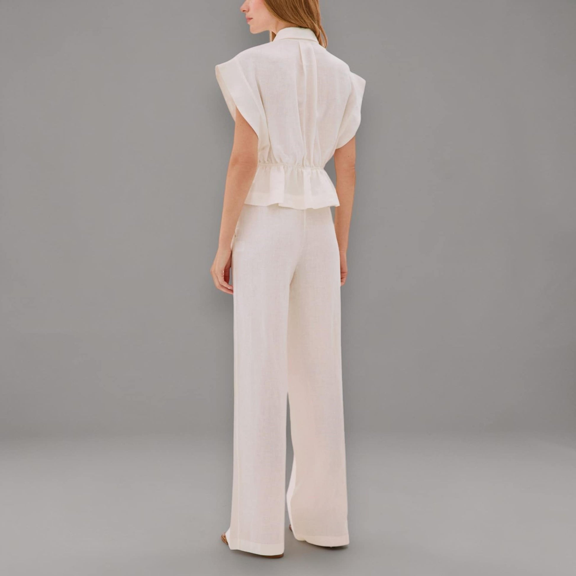 Linen Two Piece Set, Cap Sleeve Linen Shirt And Wide Leg Pants Set