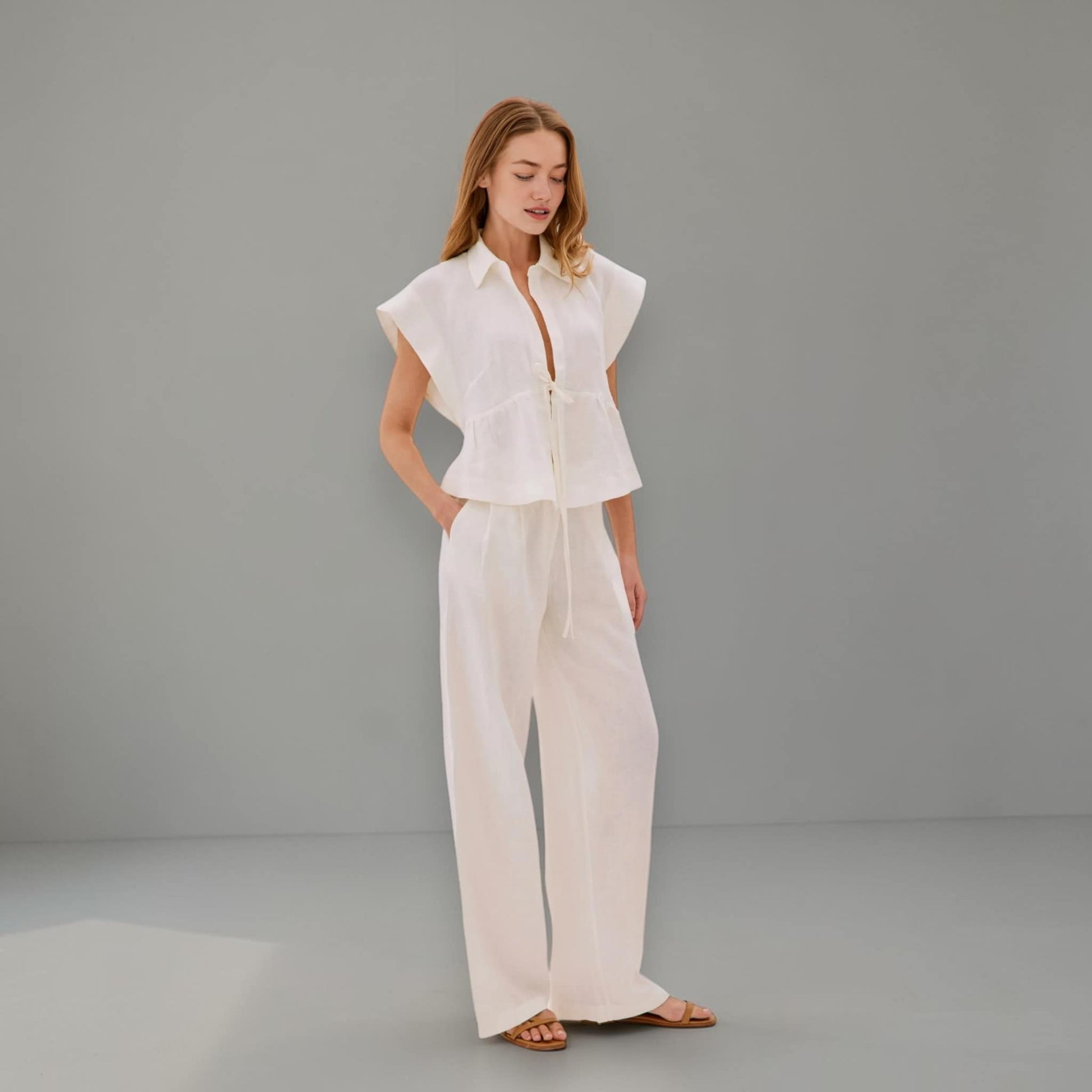 Linen Two Piece Set, Cap Sleeve Linen Shirt And Wide Leg Pants Set
