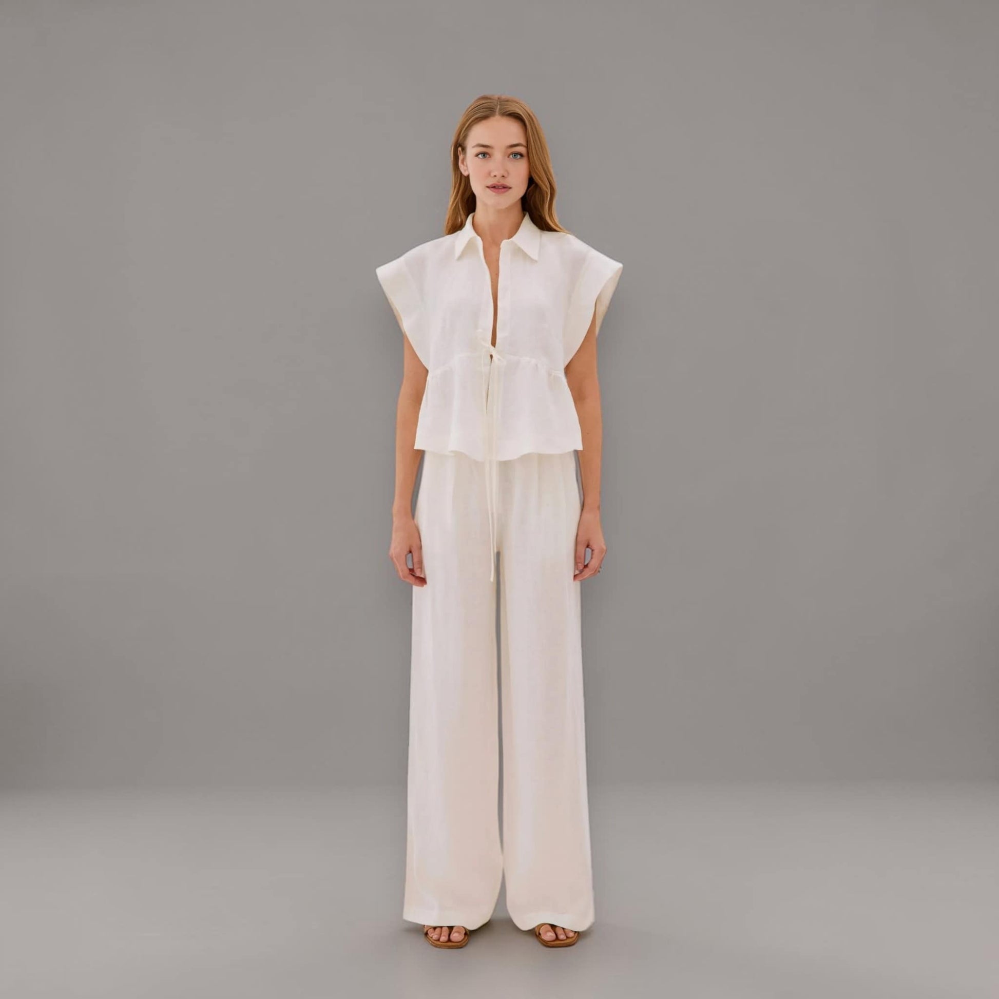 Linen Two Piece Set, Cap Sleeve Linen Shirt And Wide Leg Pants Set