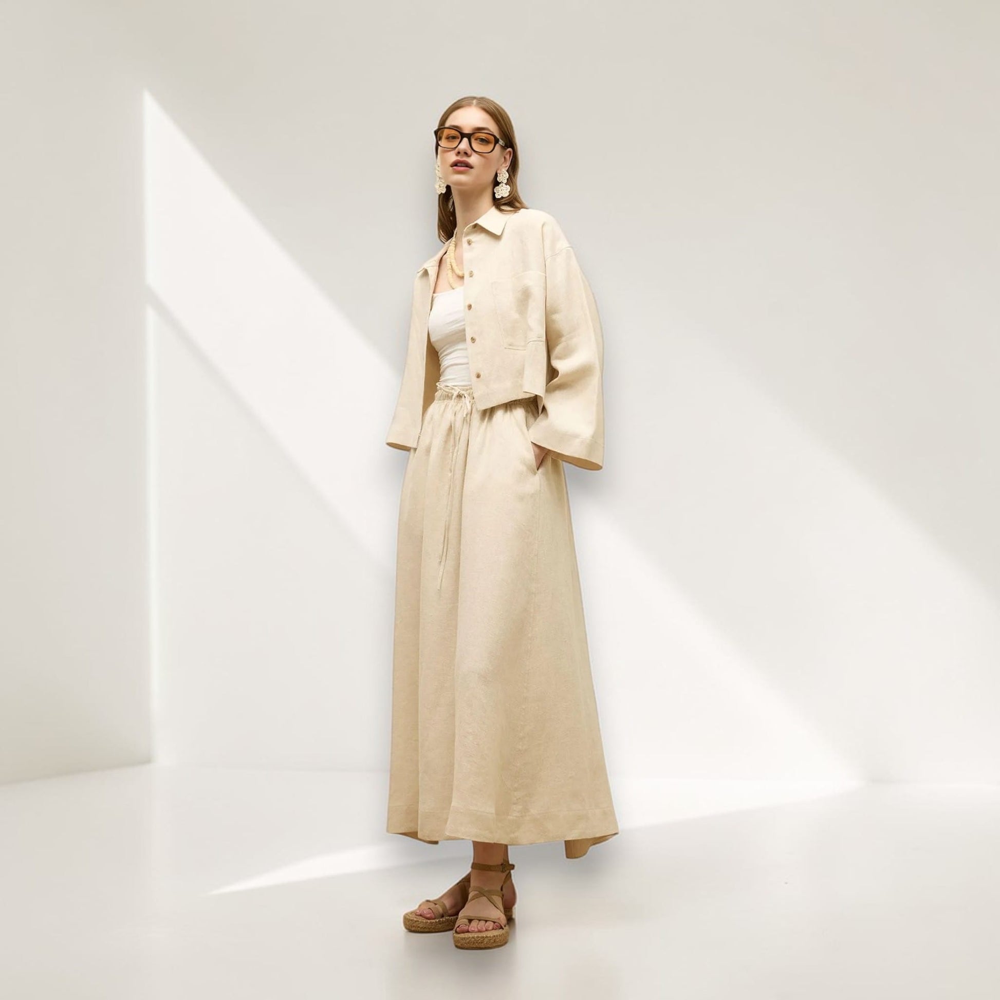 Linen Two Piece Set, Crop Linen Shirt And Maxi Skirt Set