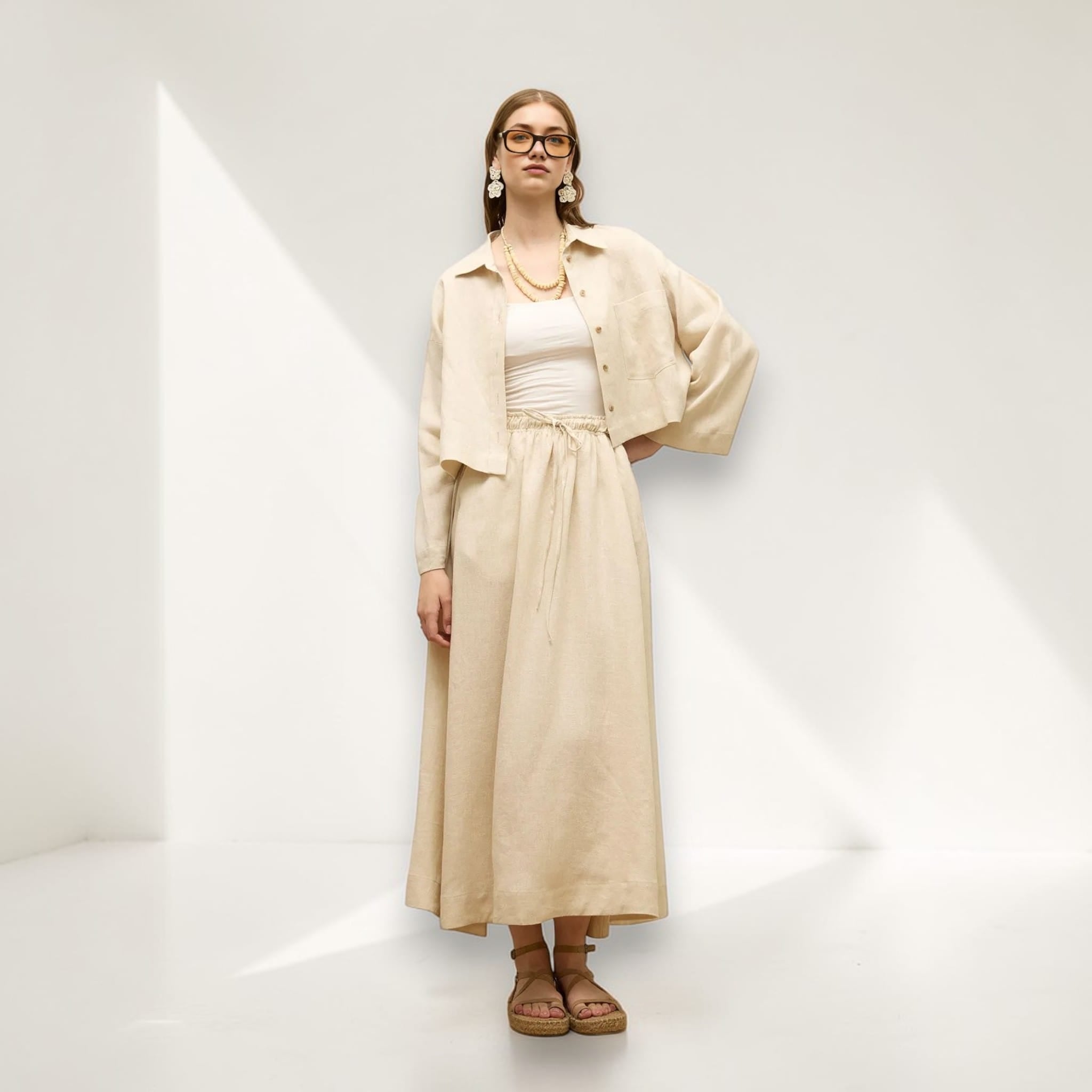 Linen Two Piece Set, Crop Linen Shirt And Maxi Skirt Set