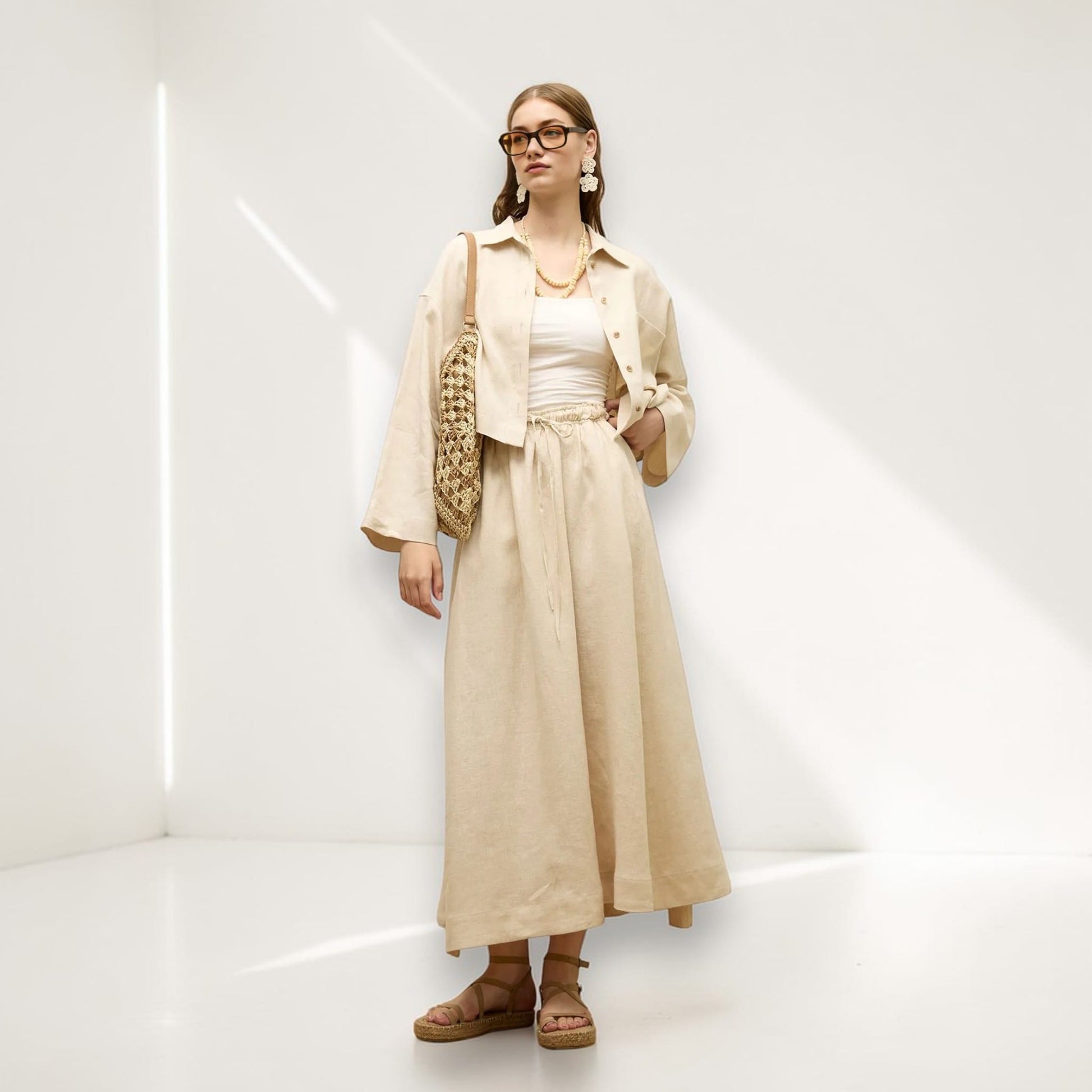 Linen Two Piece Set, Crop Linen Shirt And Maxi Skirt Set