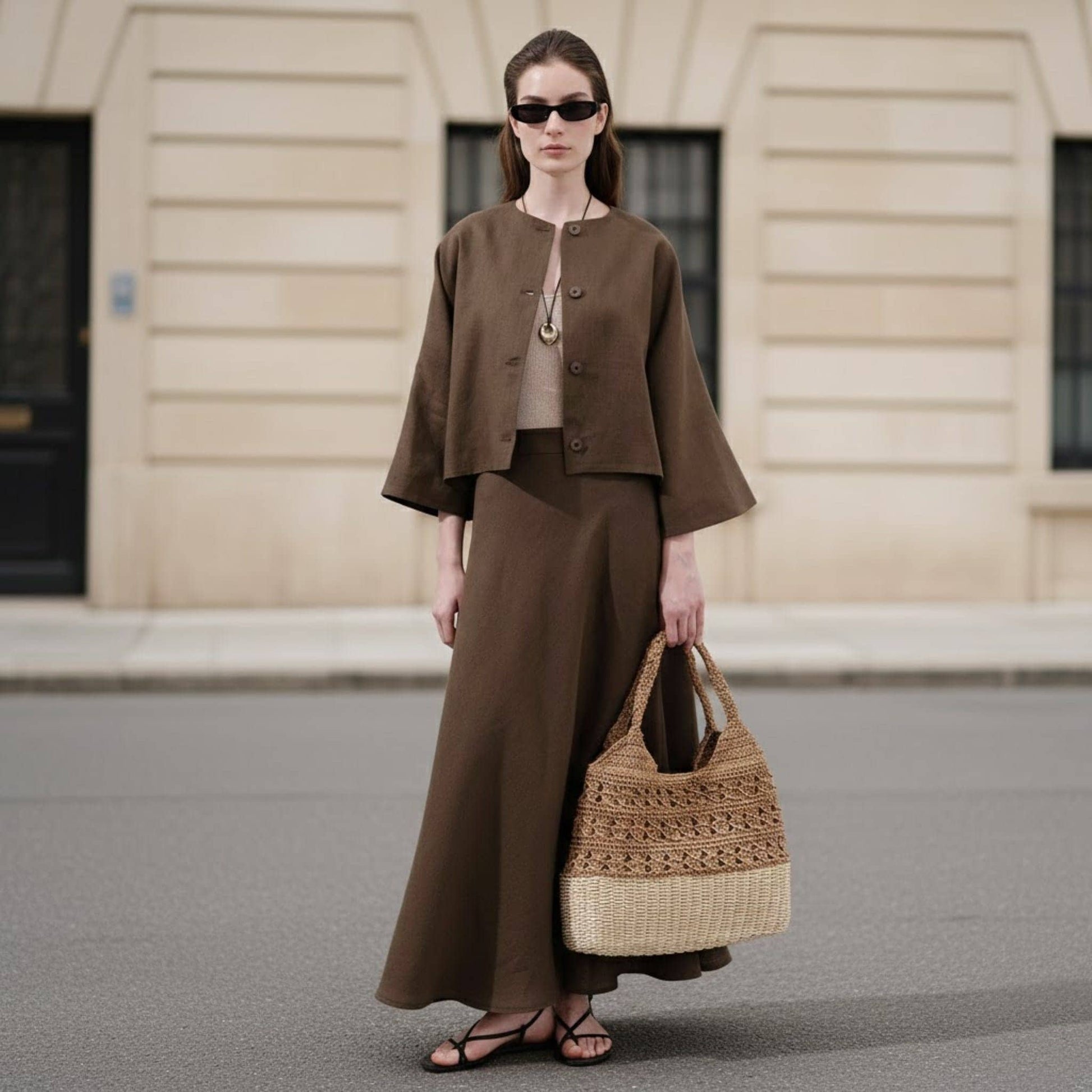 Linen Two Piece Set, Cropped Linen Jacket And Maxi Skirt Set