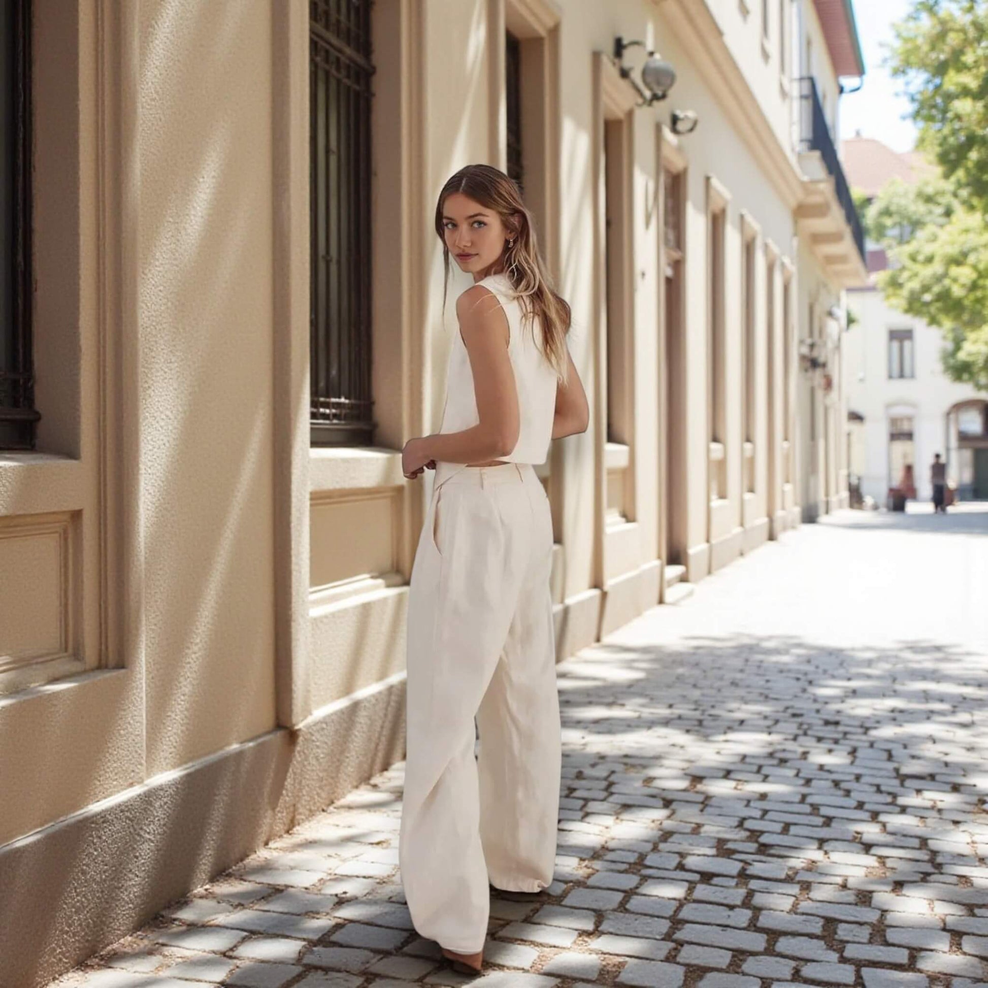 Linen Two Piece Set, Cropped Linen Vest And Wide Leg Pants Set