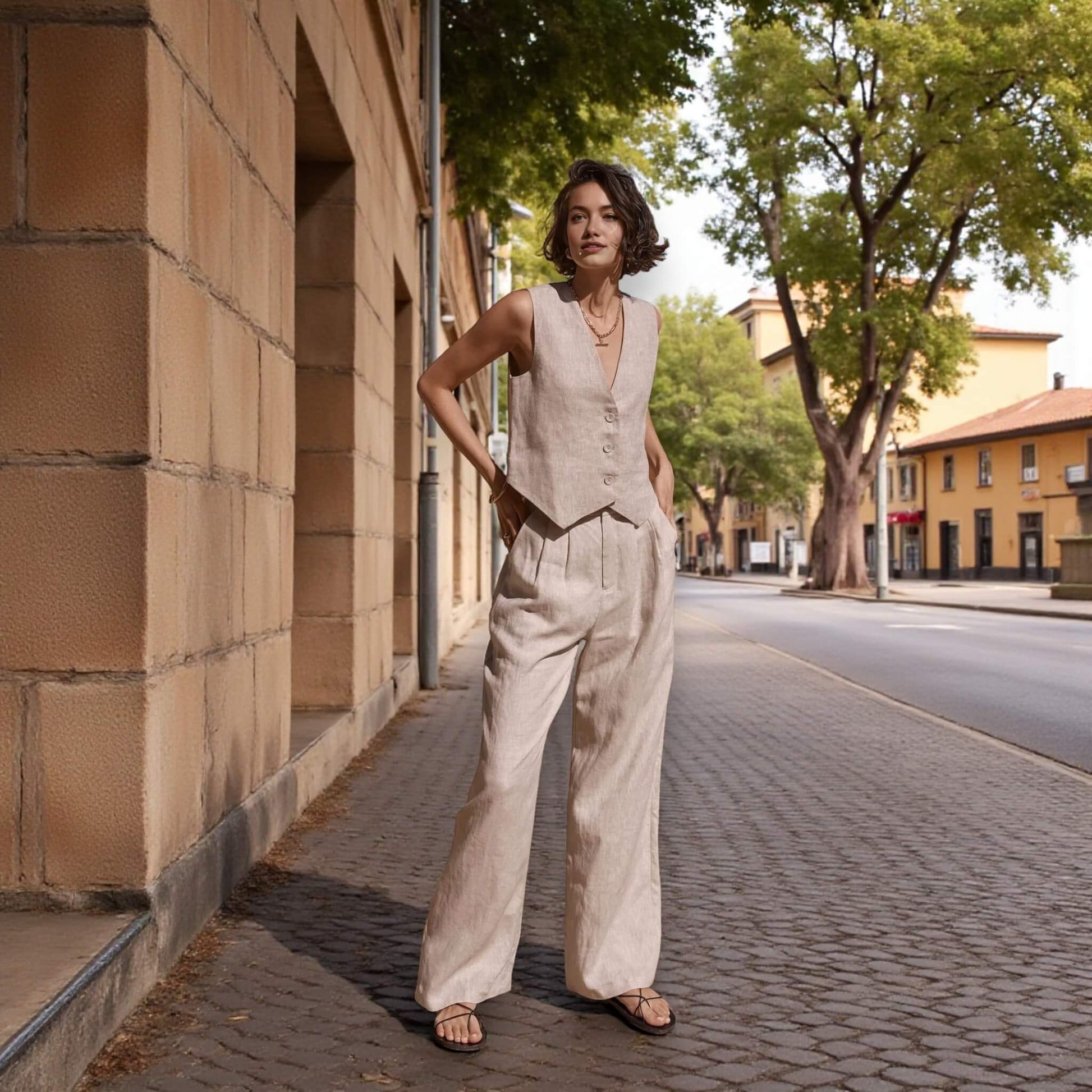 Linen Two Piece Set, Cropped Linen Vest And Wide Leg Pants Set