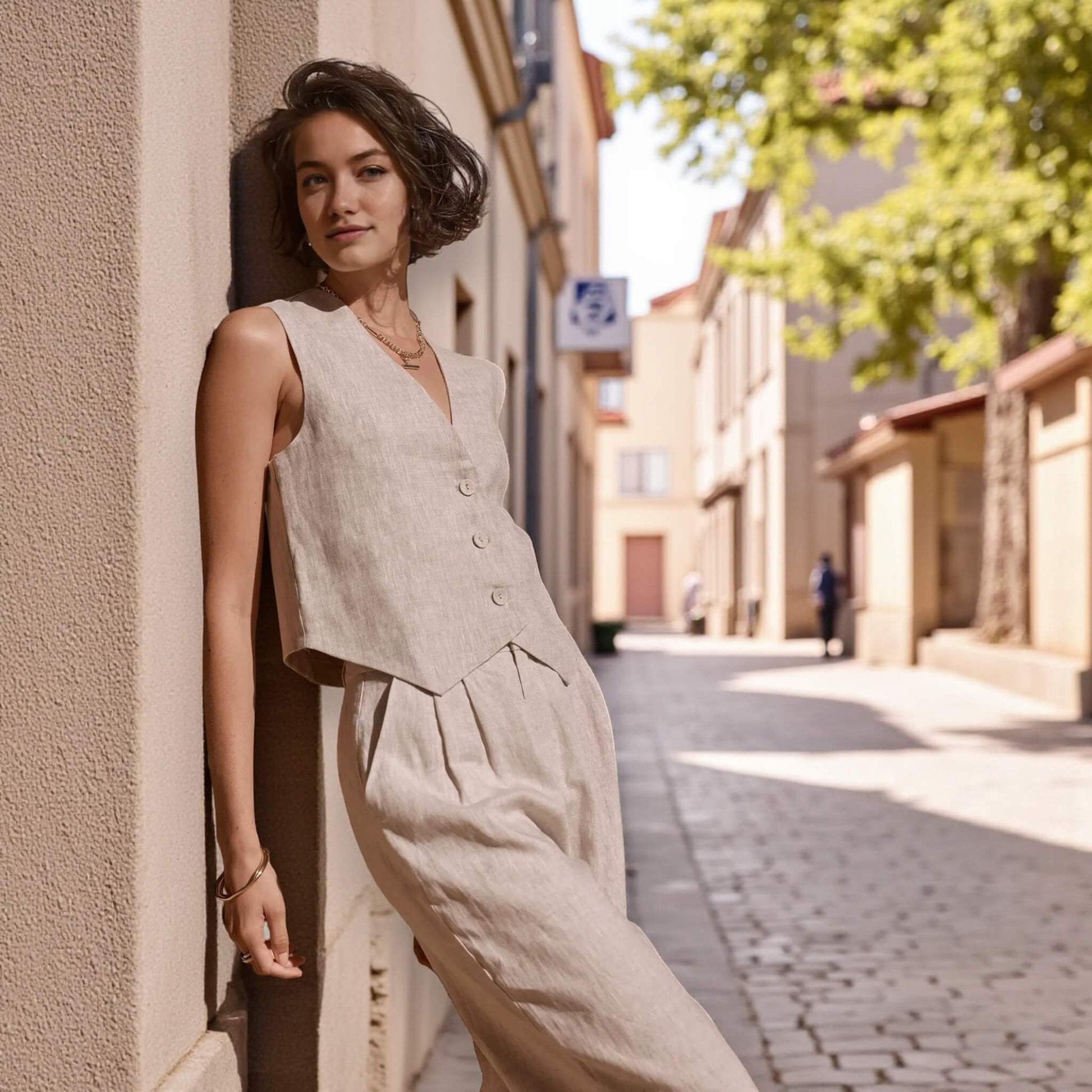 Linen Two Piece Set, Cropped Linen Vest And Wide Leg Pants Set