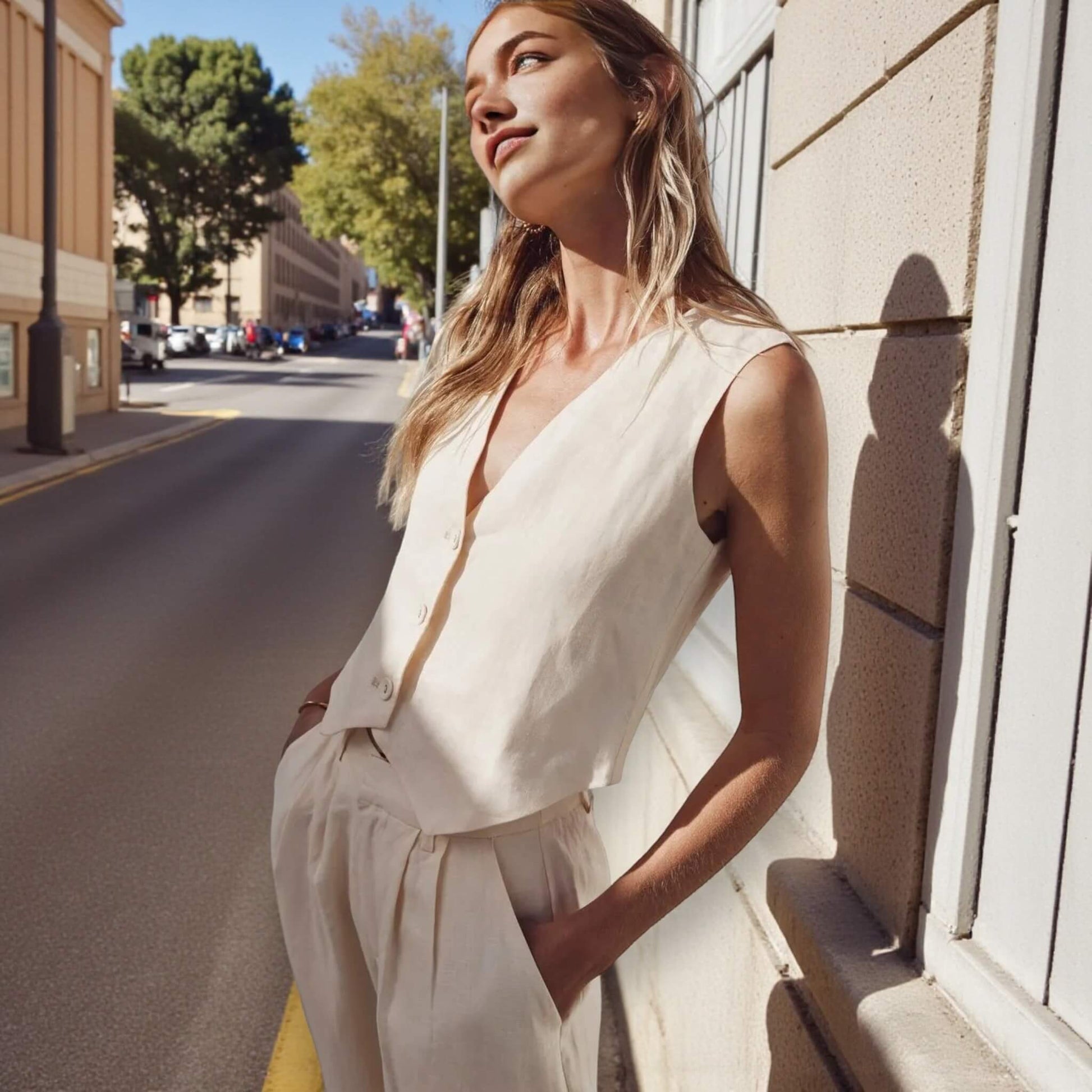 Linen Two Piece Set, Cropped Linen Vest And Wide Leg Pants Set