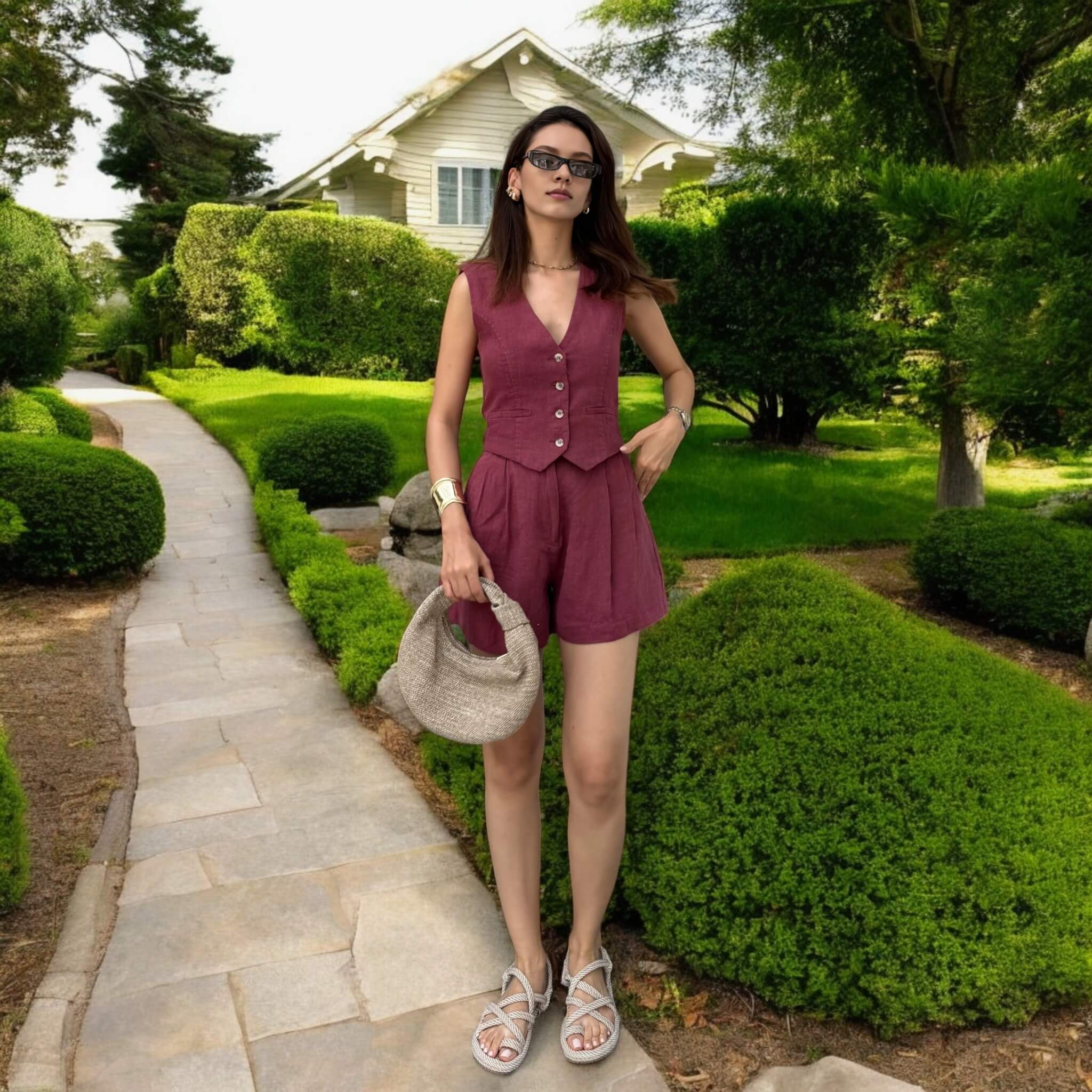 Linen Two Piece Set, Cropped Linen Vest Top And Pleated Shorts Set