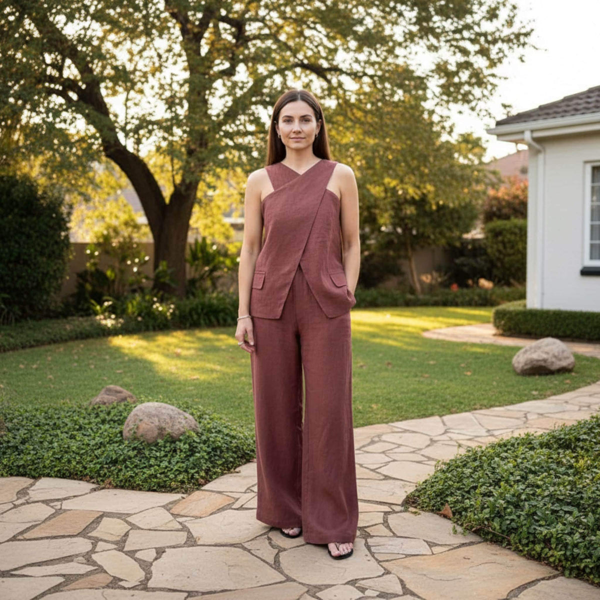Linen Two Piece Set, Cross Neck Halter Top And Wide Leg Pants Set