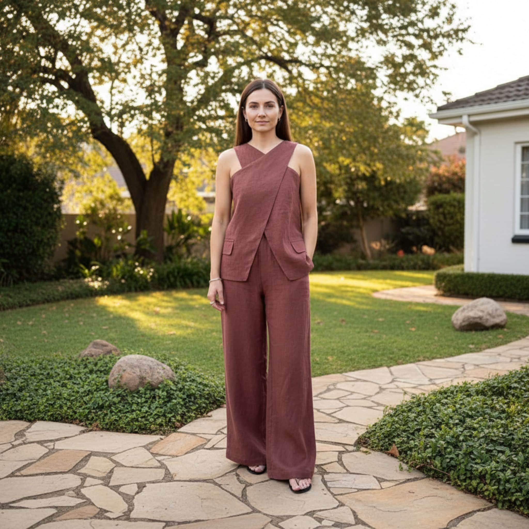 Linen Two Piece Set, Cross Neck Halter Top And Wide Leg Pants Set