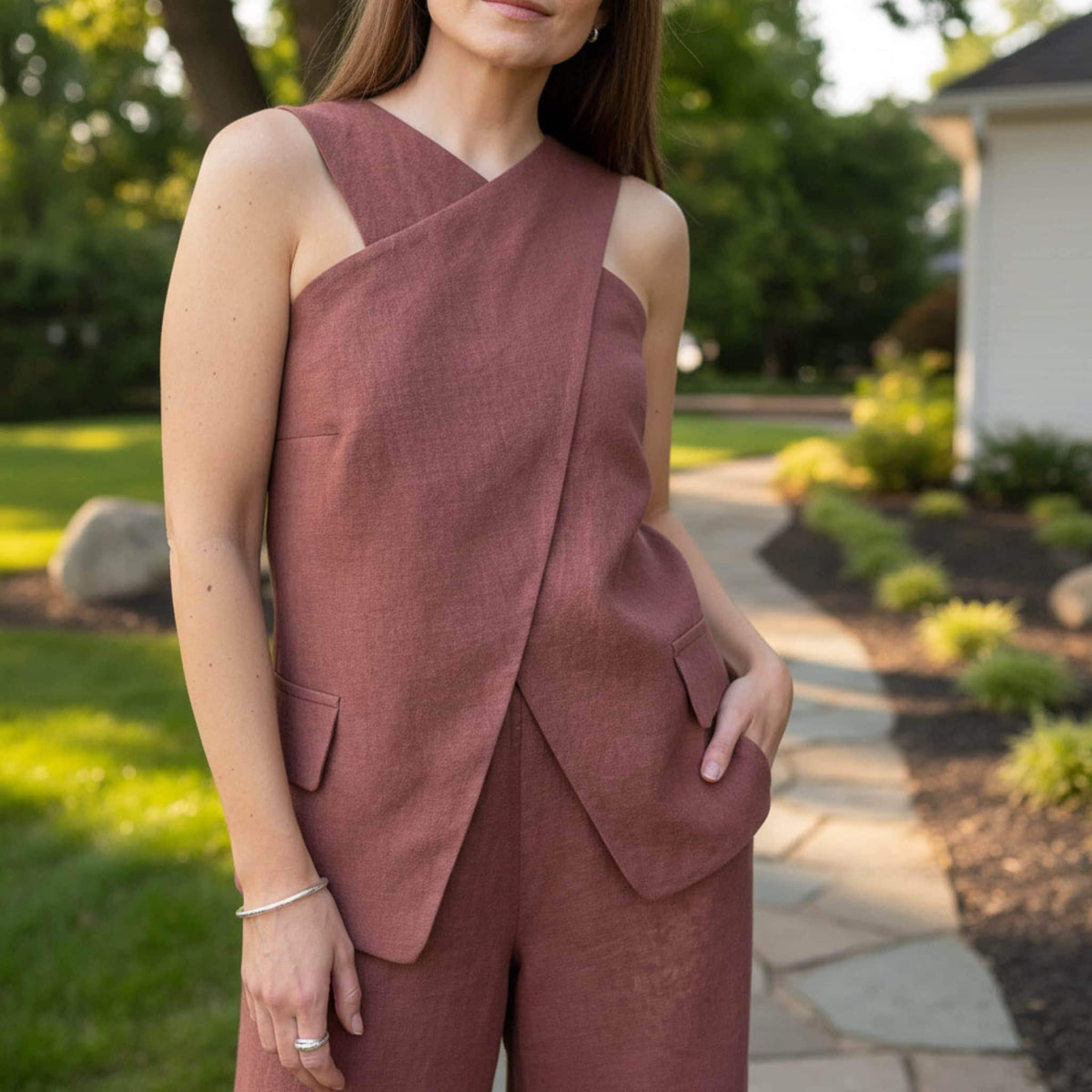 Linen Two Piece Set, Cross Neck Halter Top And Wide Leg Pants Set