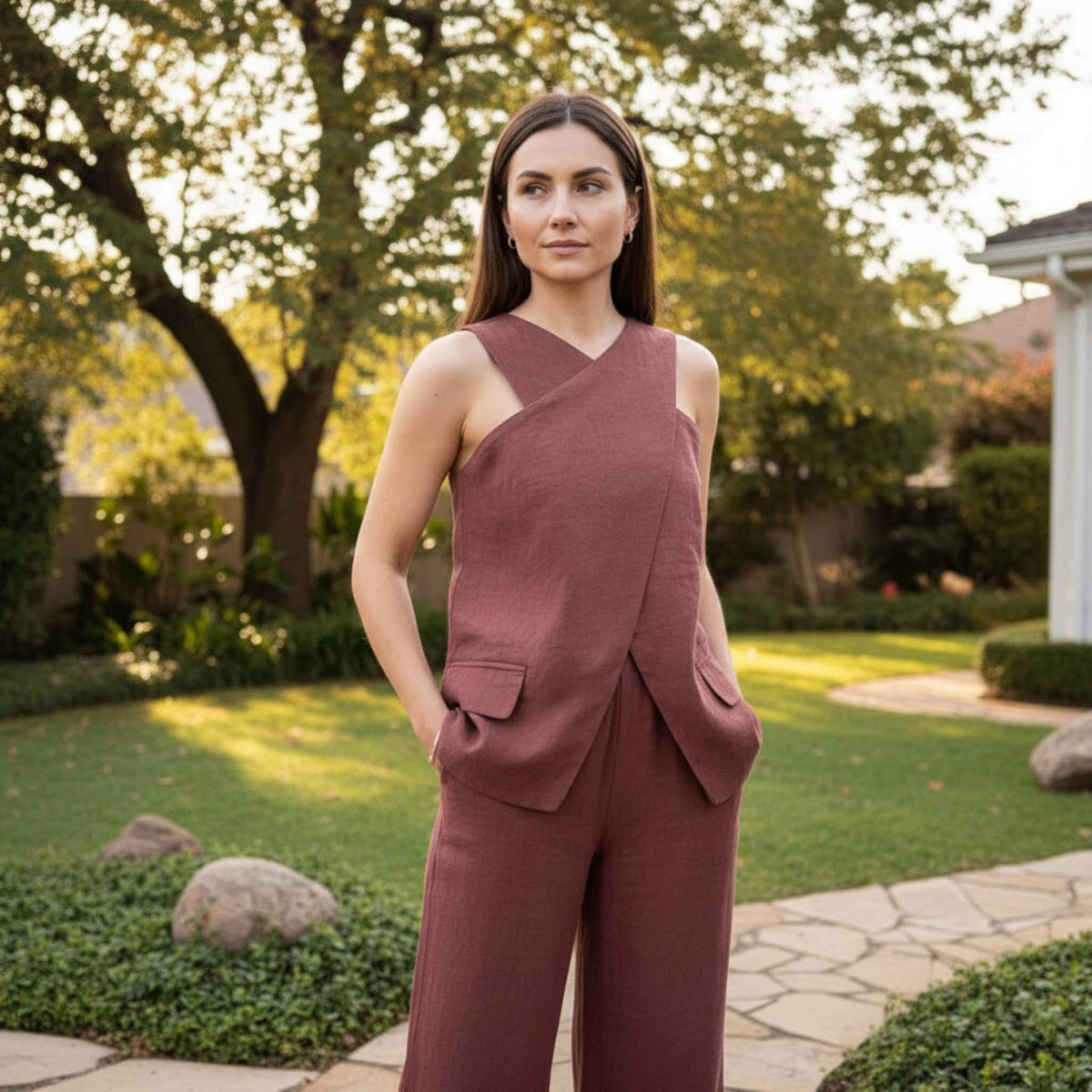 Linen Two Piece Set, Cross Neck Halter Top And Wide Leg Pants Set