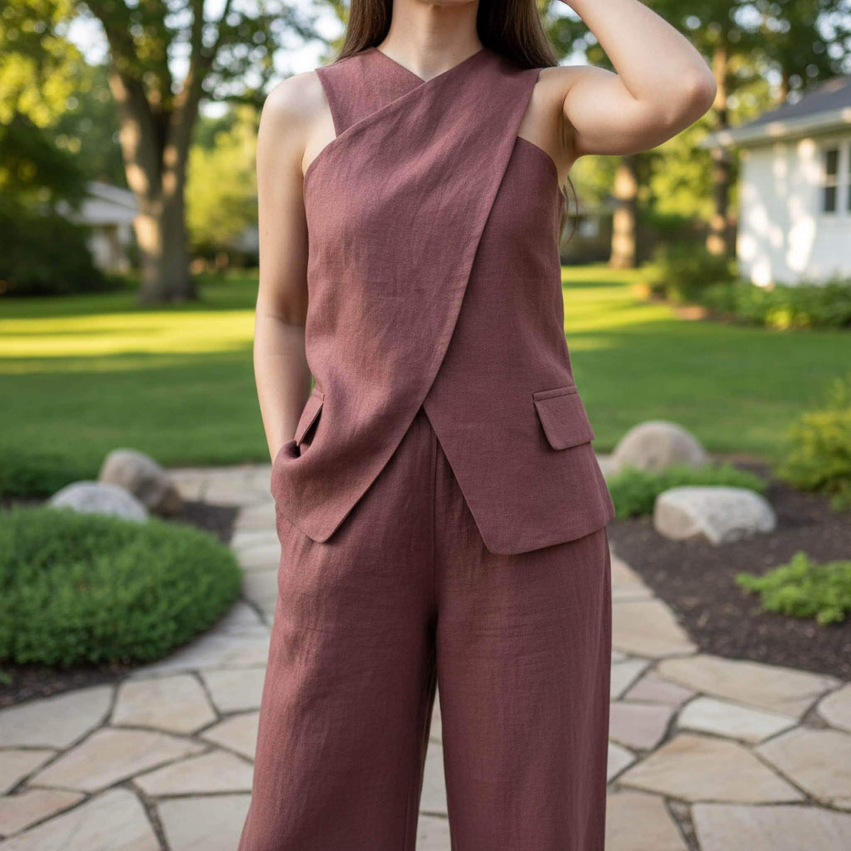 Linen Two Piece Set, Cross Neck Halter Top And Wide Leg Pants Set