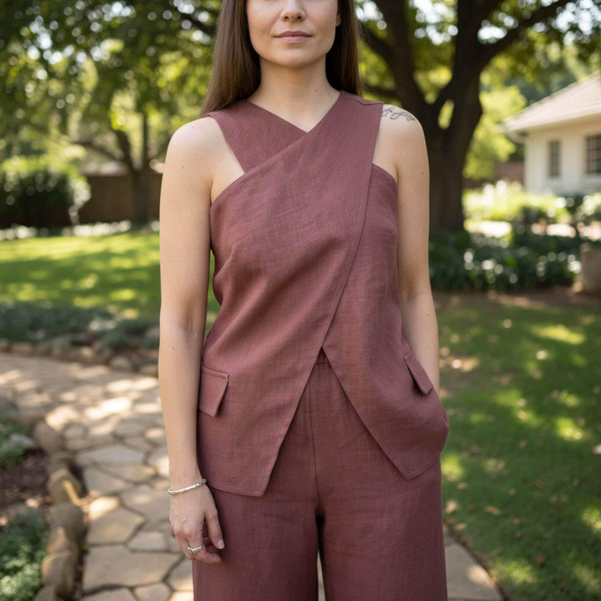 Linen Two Piece Set, Cross Neck Halter Top And Wide Leg Pants Set