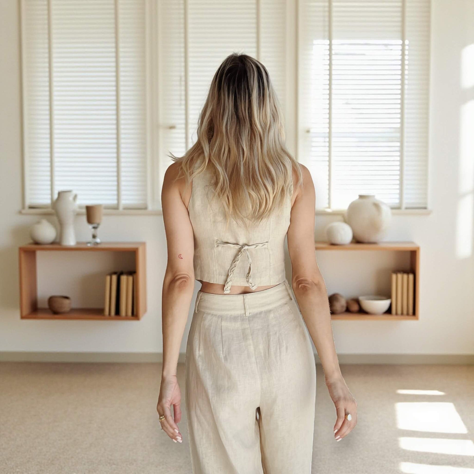 Linen Two Piece Set, Fitted Waistcoat and Wide Leg Trousers Set