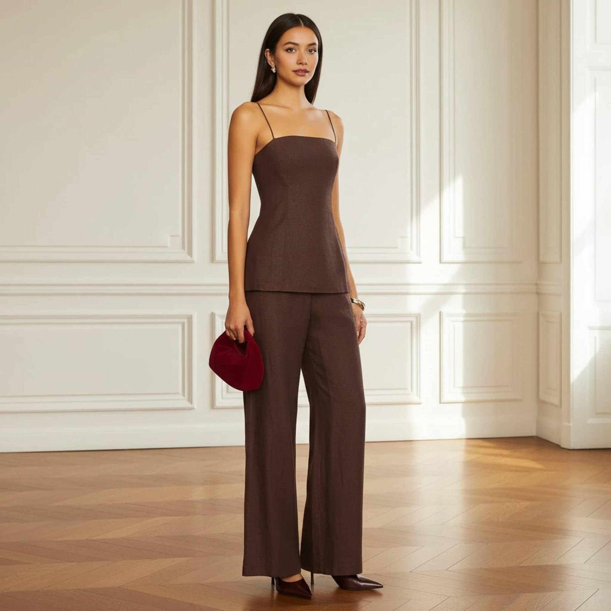 Linen Two Piece Set, Linen Camisole And Wide Leg Pants Set