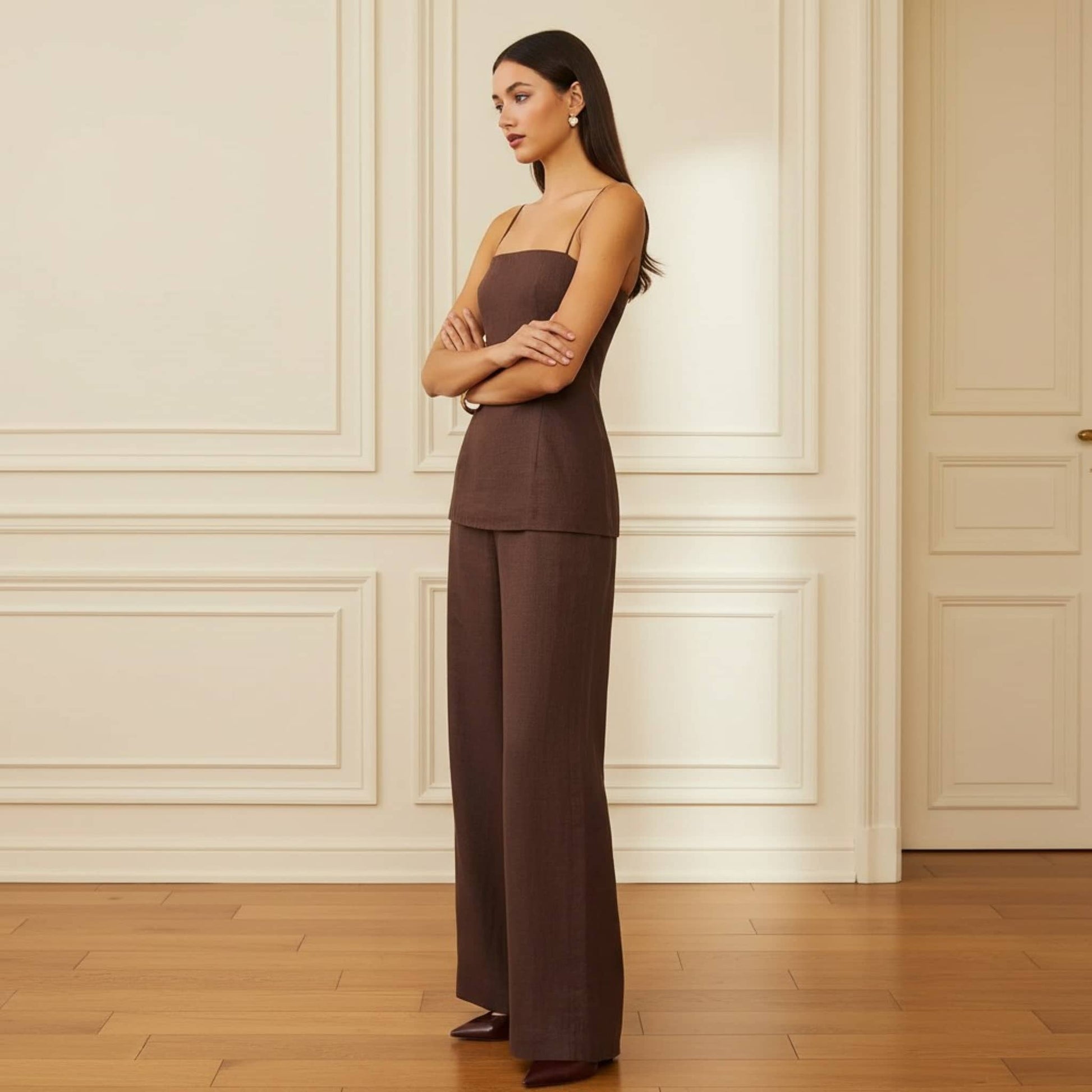 Linen Two Piece Set, Linen Camisole And Wide Leg Pants Set