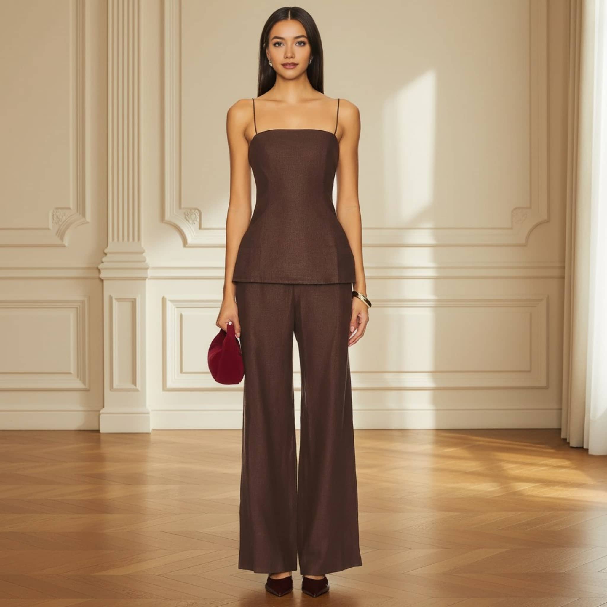 Linen Two Piece Set, Linen Camisole And Wide Leg Pants Set