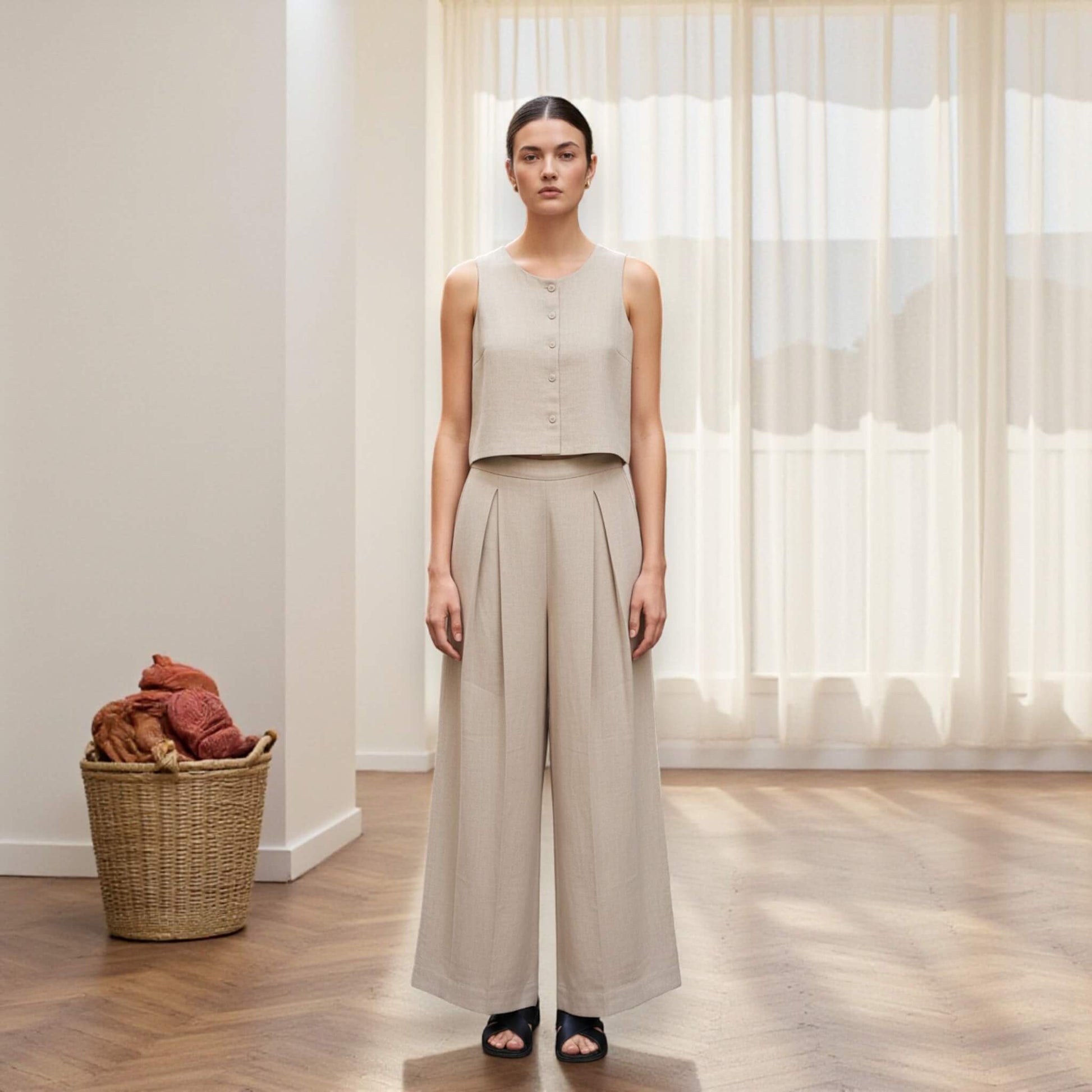 Linen Two Piece Set, Linen Crop Top And Wide Leg Trousers Set