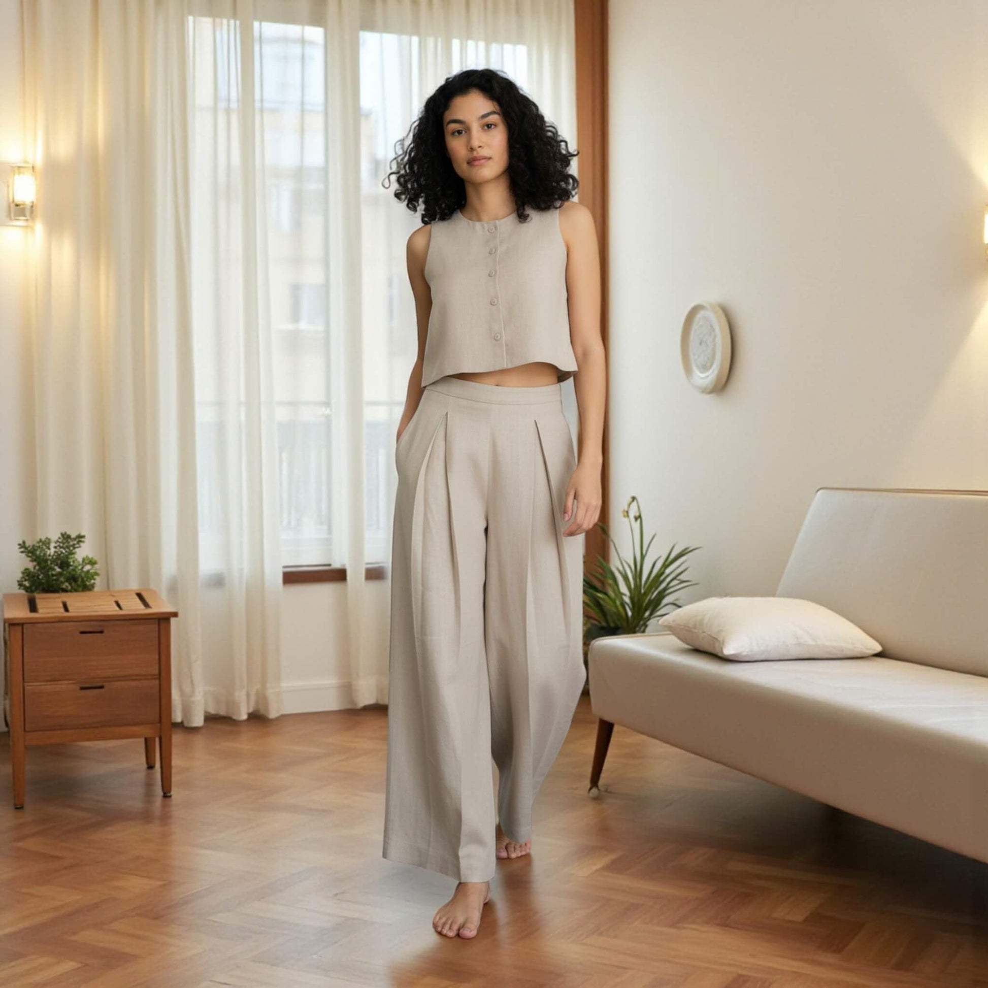 Linen Two Piece Set, Linen Crop Top And Wide Leg Trousers Set