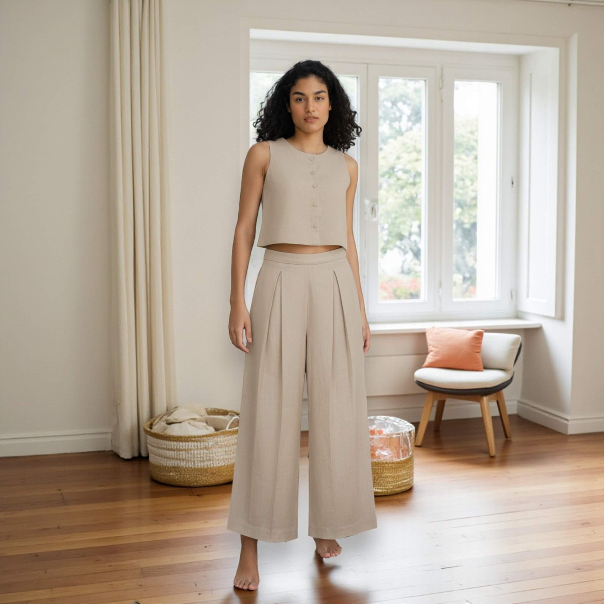 Linen Two Piece Set, Linen Crop Top And Wide Leg Trousers Set