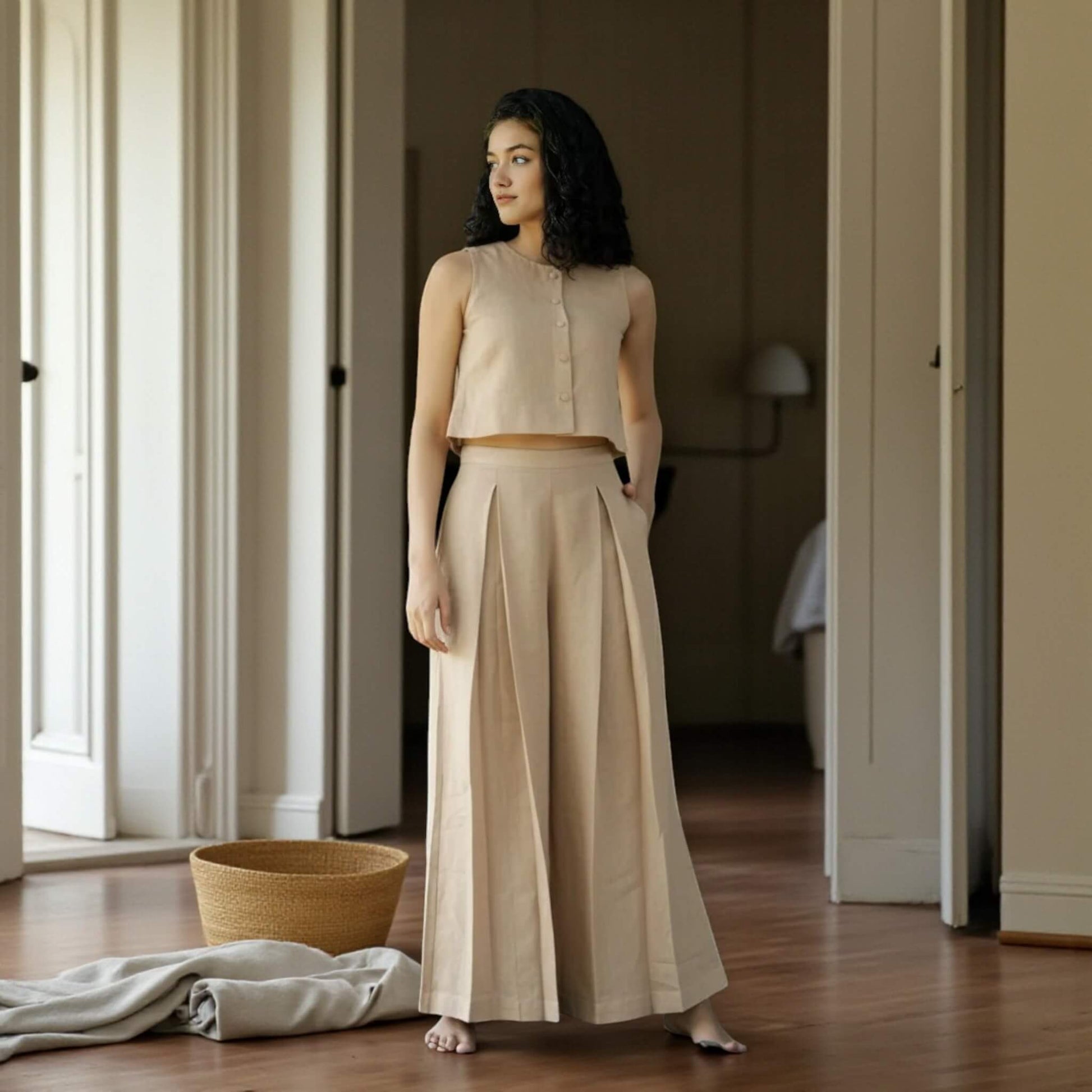 Linen Two Piece Set, Linen Crop Top And Wide Leg Trousers Set