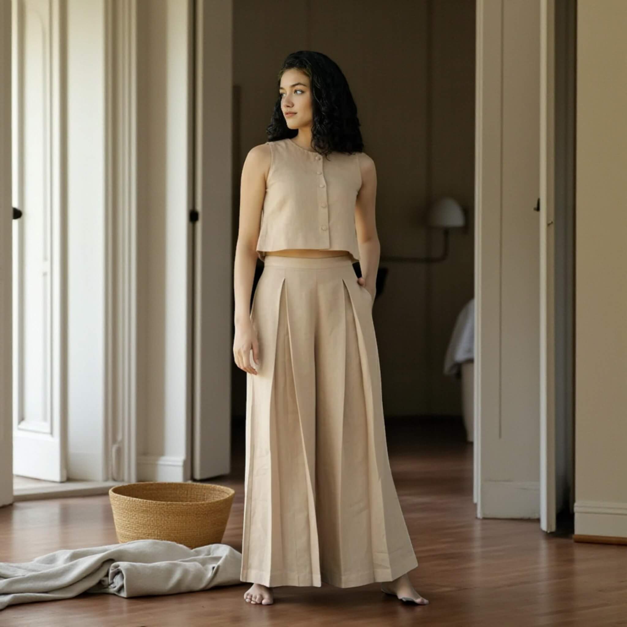 Linen Two Piece Set, Linen Crop Top And Wide Leg Trousers Set