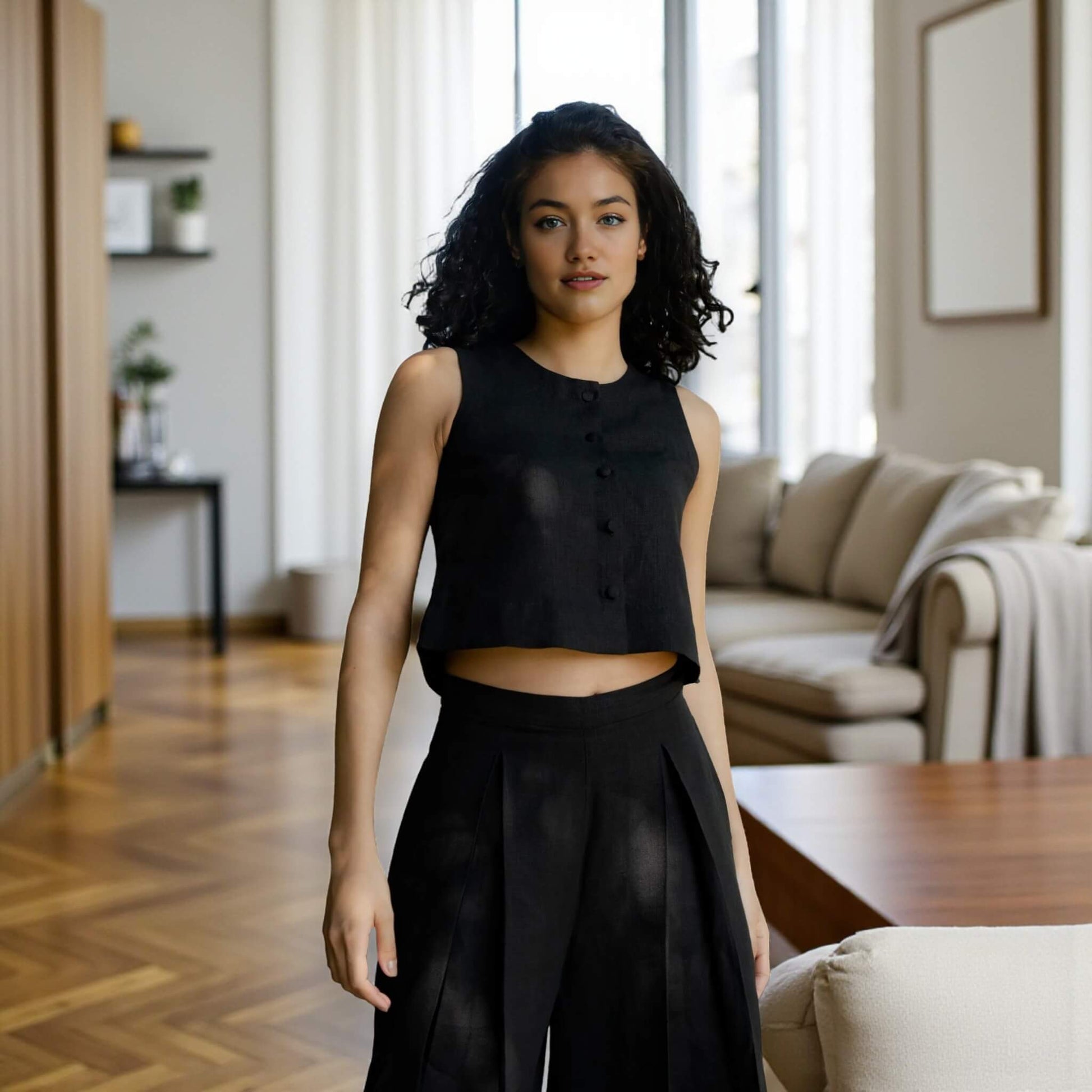 Linen Two Piece Set, Linen Crop Top And Wide Leg Trousers Set