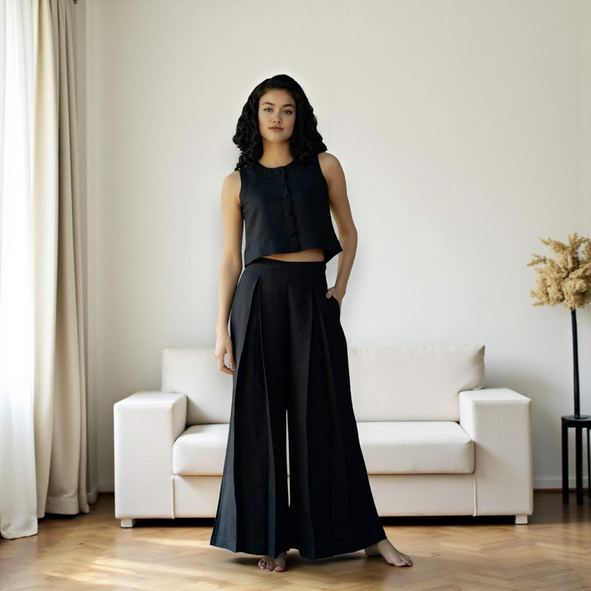 Linen Two Piece Set, Linen Crop Top And Wide Leg Trousers Set