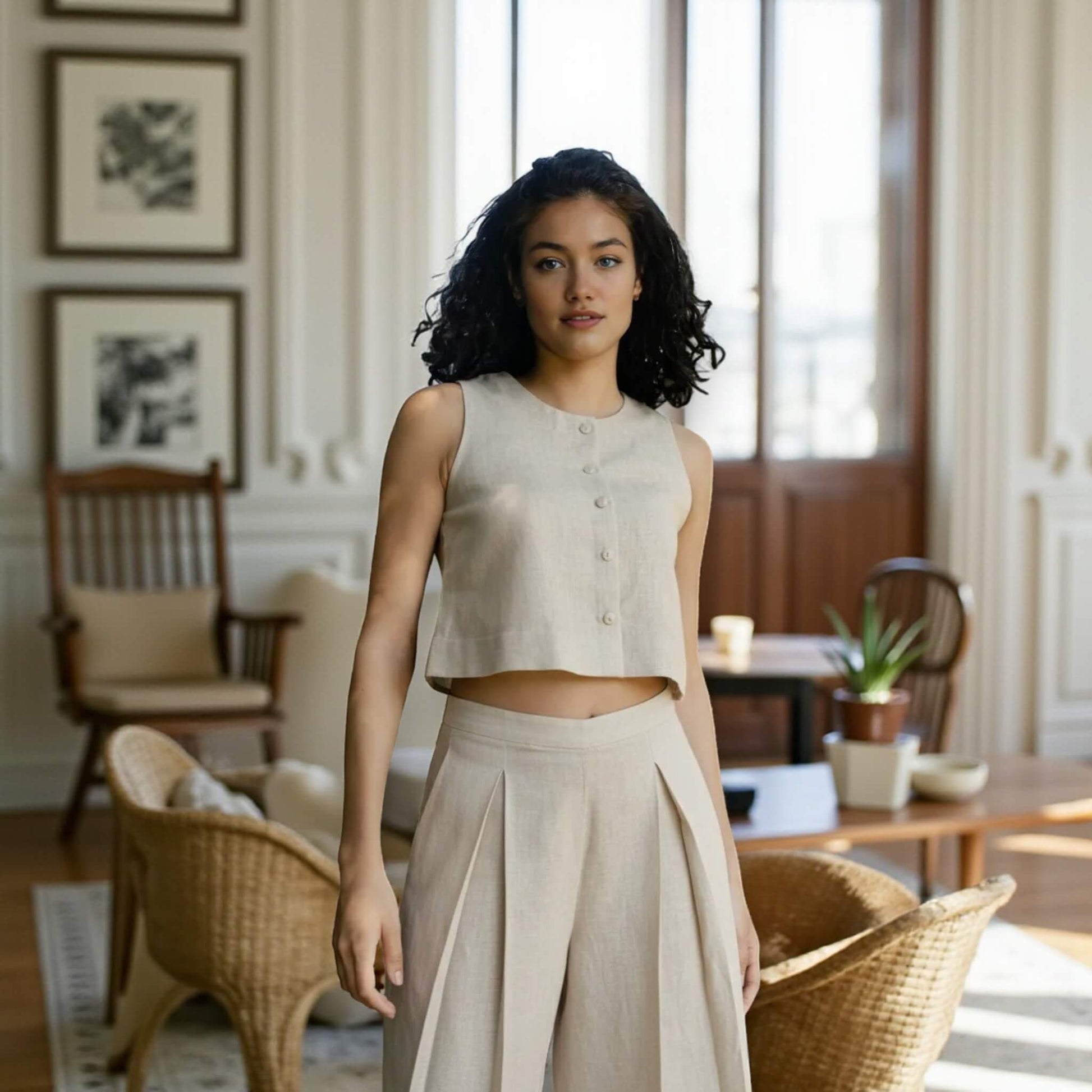 Linen Two Piece Set, Linen Crop Top And Wide Leg Trousers Set