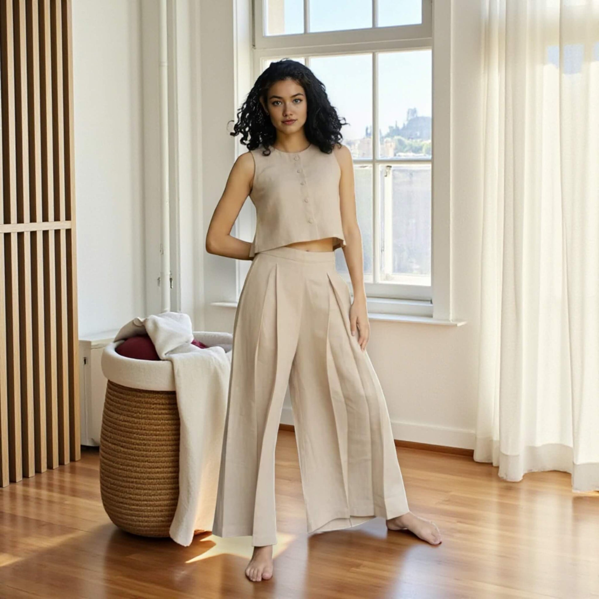 Linen Two Piece Set, Linen Crop Top And Wide Leg Trousers Set