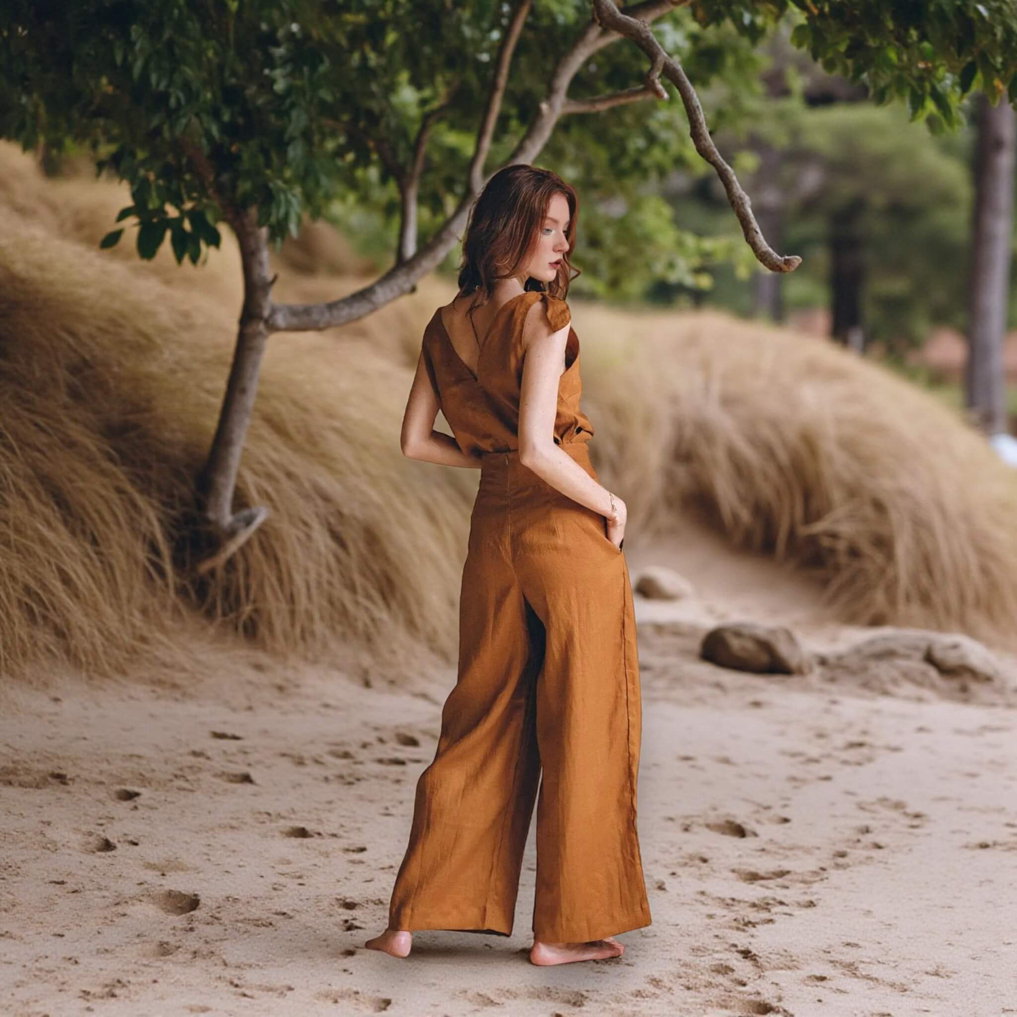 Linen Two Piece Set, Linen Deep V-Neck Top And Wide Leg Pants Set