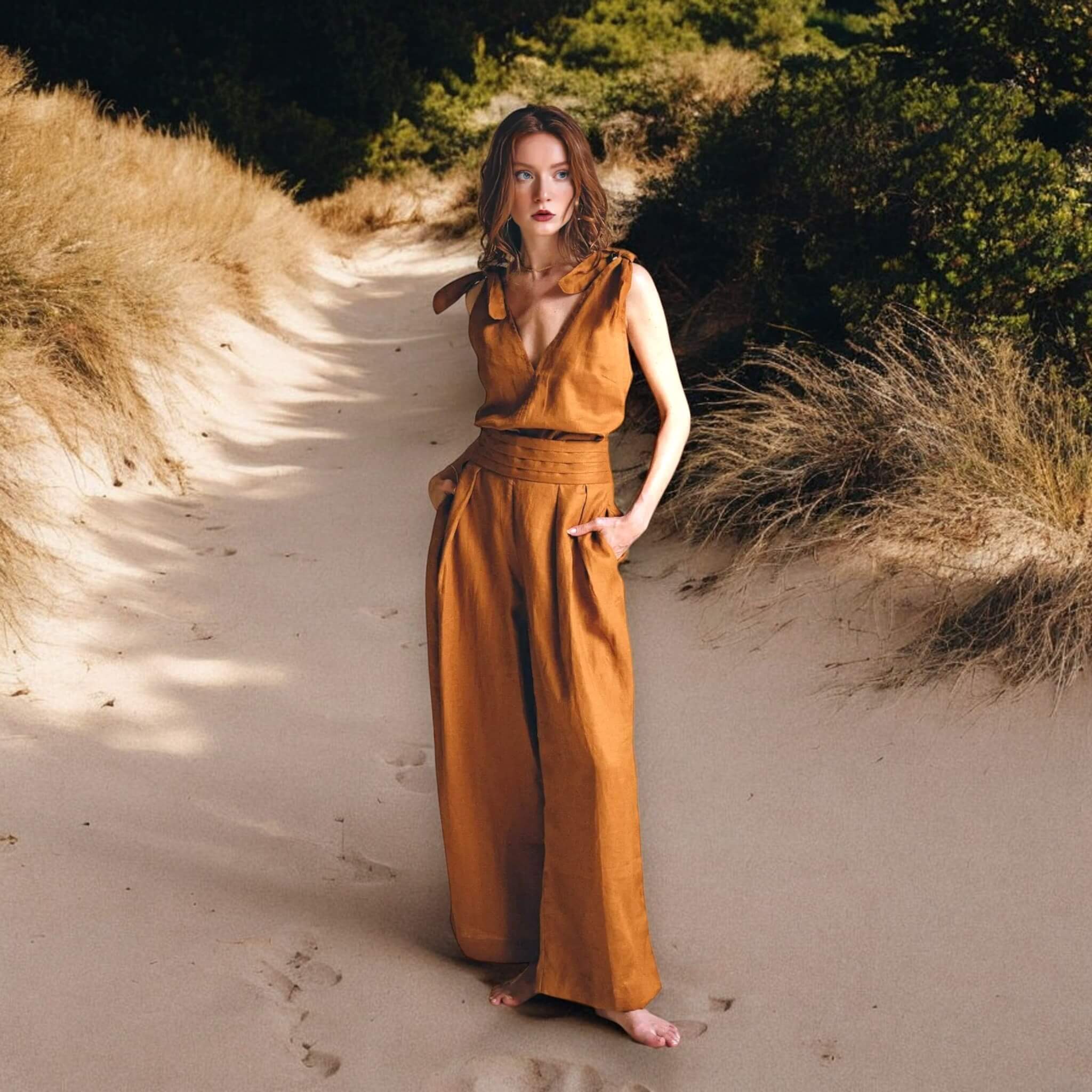 Linen Two Piece Set, Linen Deep V-Neck Top And Wide Leg Pants Set