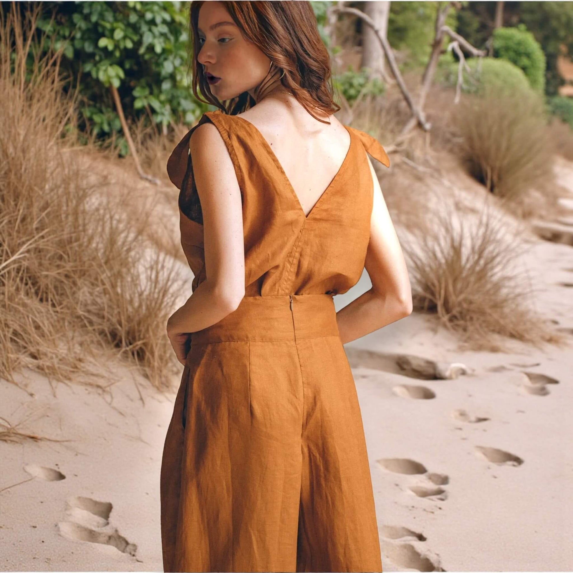 Linen Two Piece Set, Linen Deep V-Neck Top And Wide Leg Pants Set