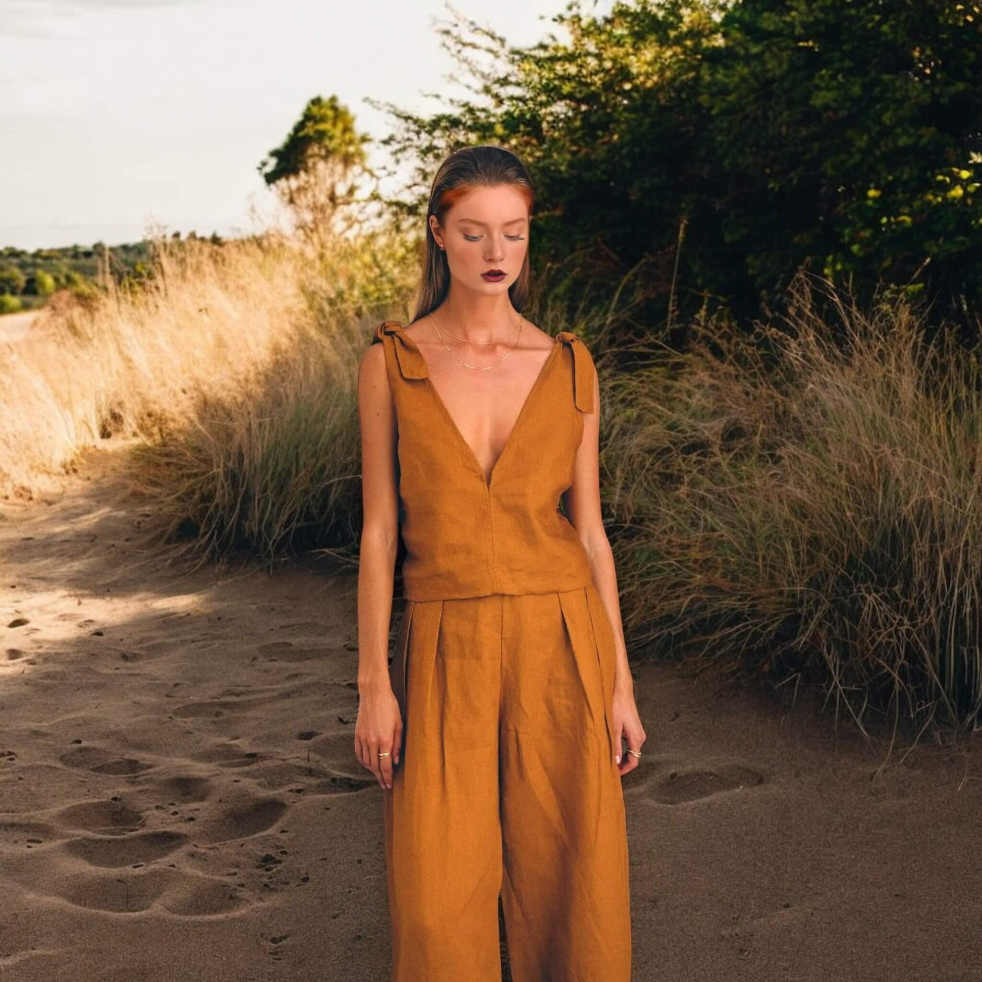 Linen Two Piece Set, Linen Deep V-Neck Top And Wide Leg Pants Set