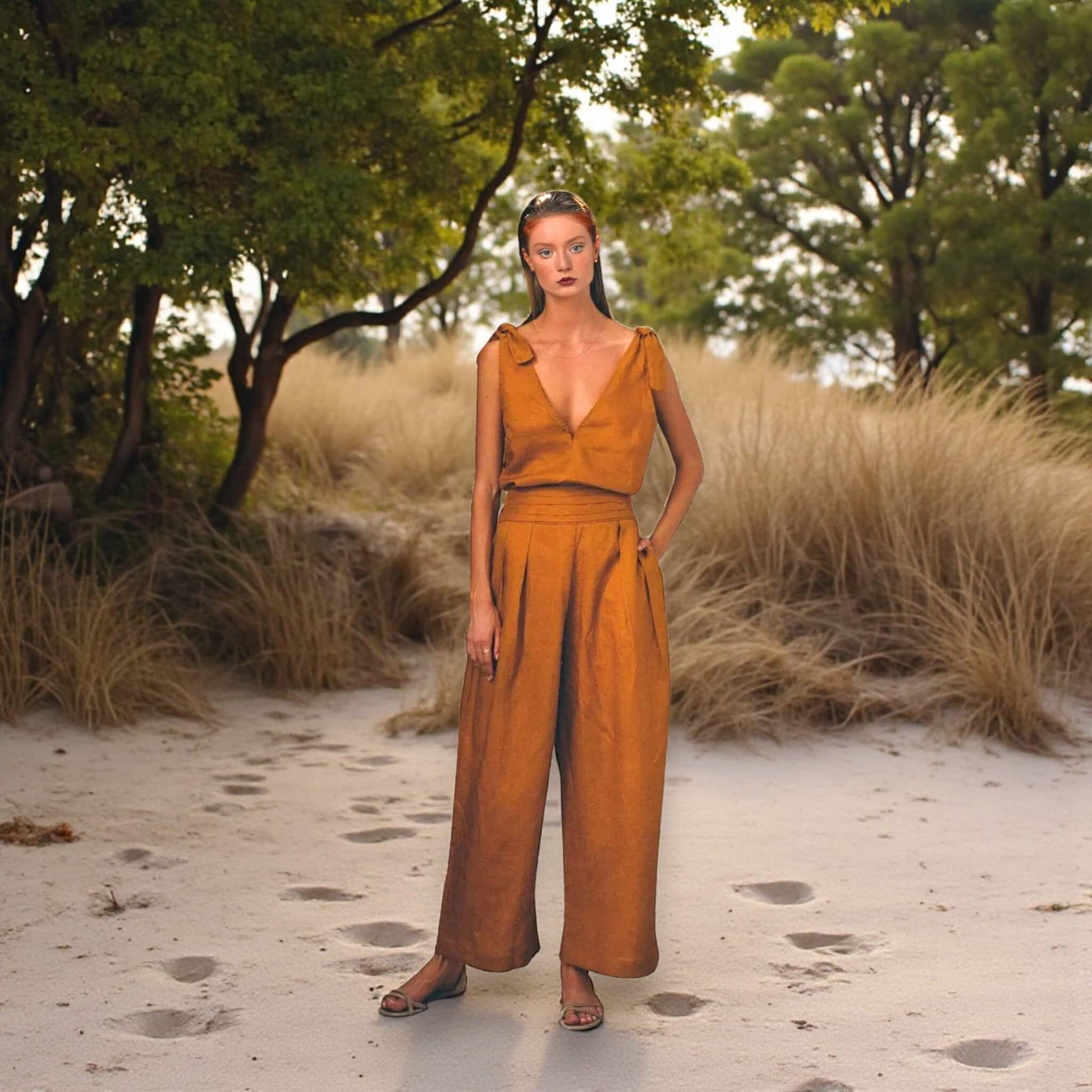 Linen Two Piece Set, Linen Deep V-Neck Top And Wide Leg Pants Set