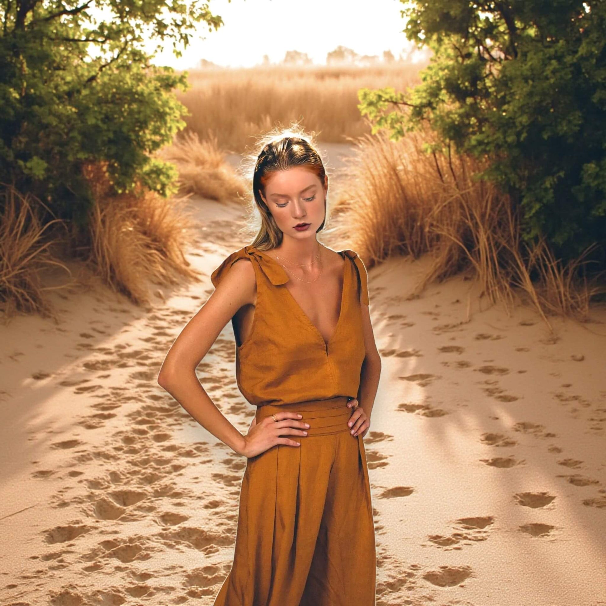 Linen Two Piece Set, Linen Deep V-Neck Top And Wide Leg Pants Set