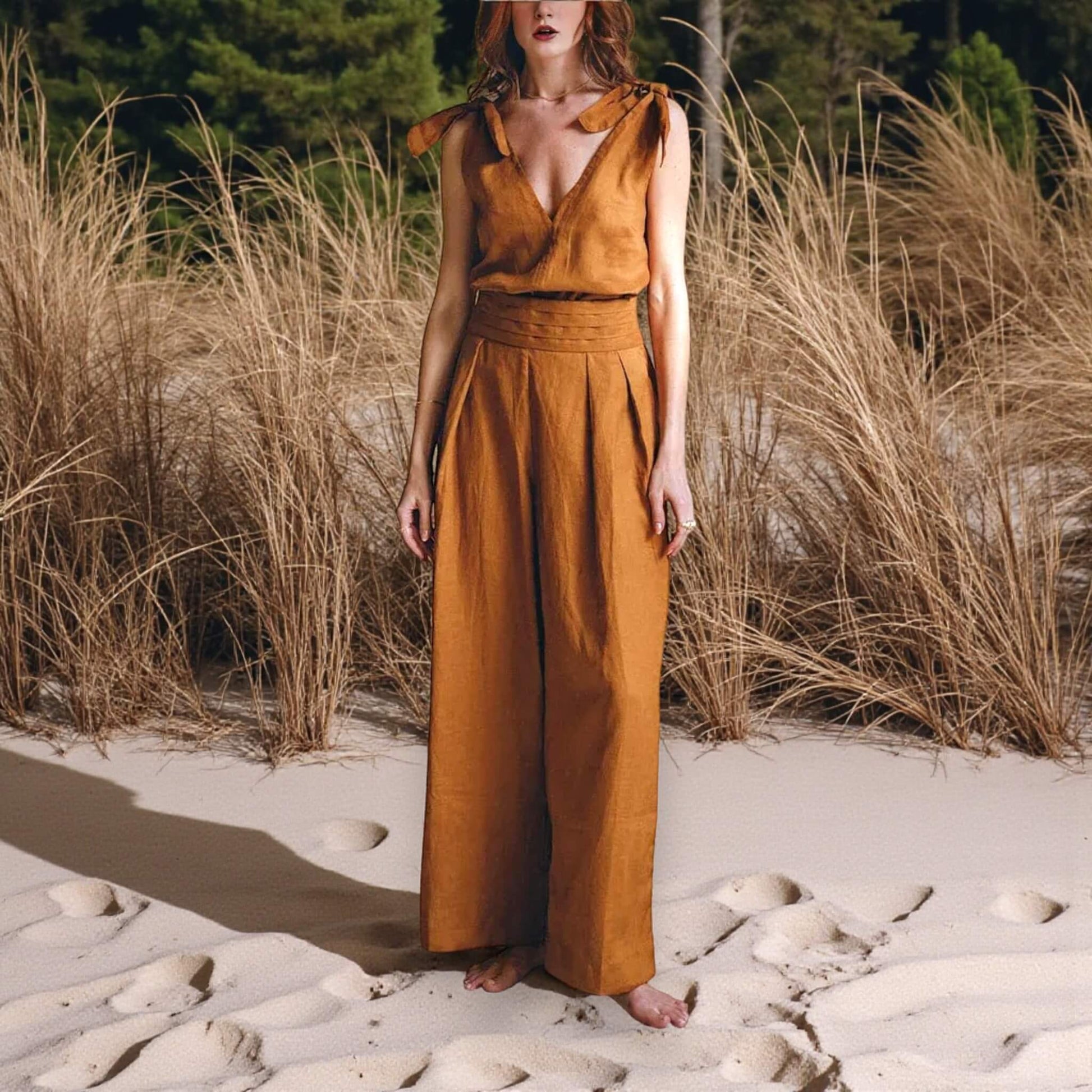 Linen Two Piece Set, Linen Deep V-Neck Top And Wide Leg Pants Set